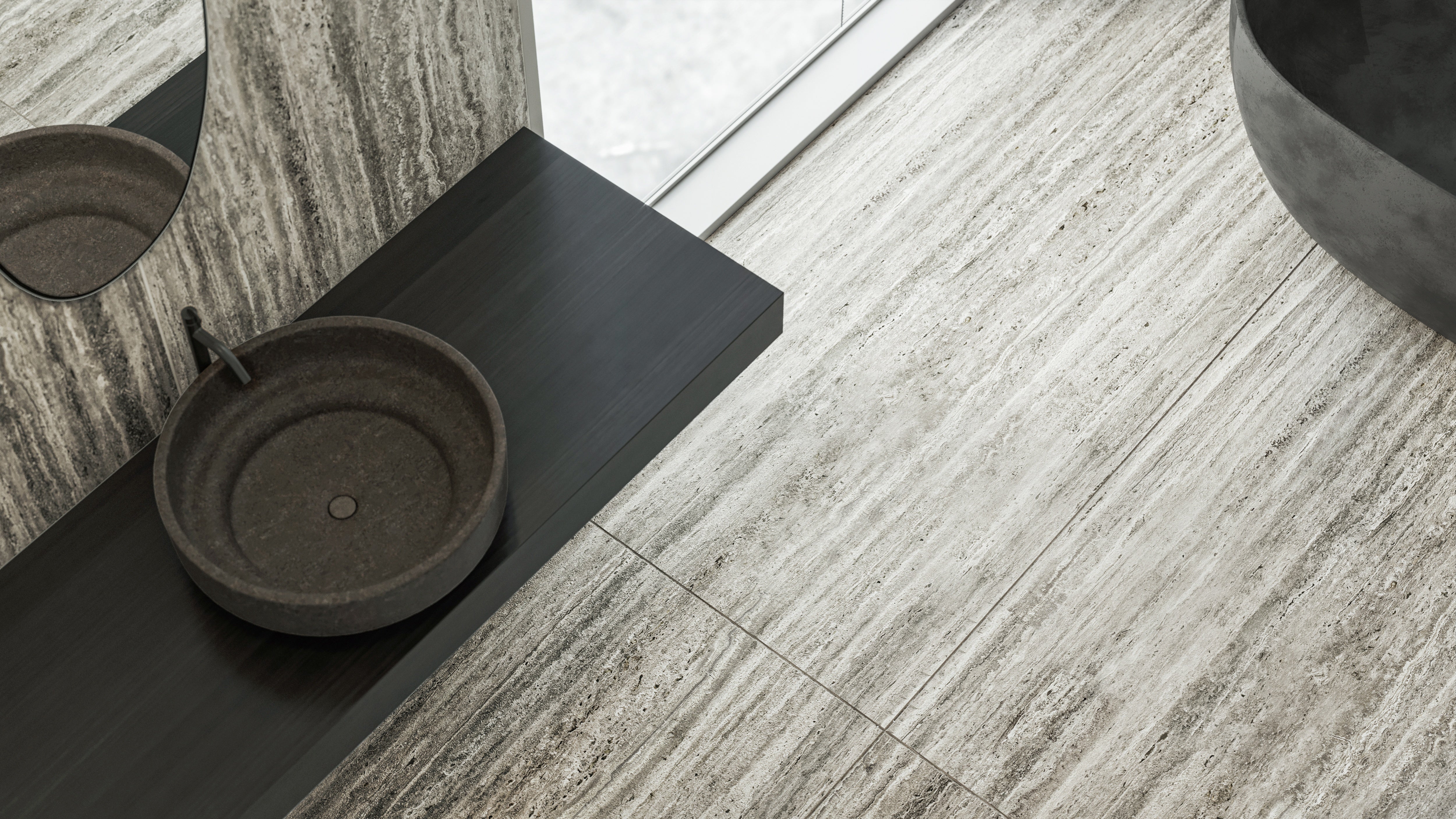 Majesto Travertino Titanium porcelain mosaic by Anatolia, top-down product view, 11 23/32"×11 27/32"×11/32" size. Turkish porcelain for floors and walls.