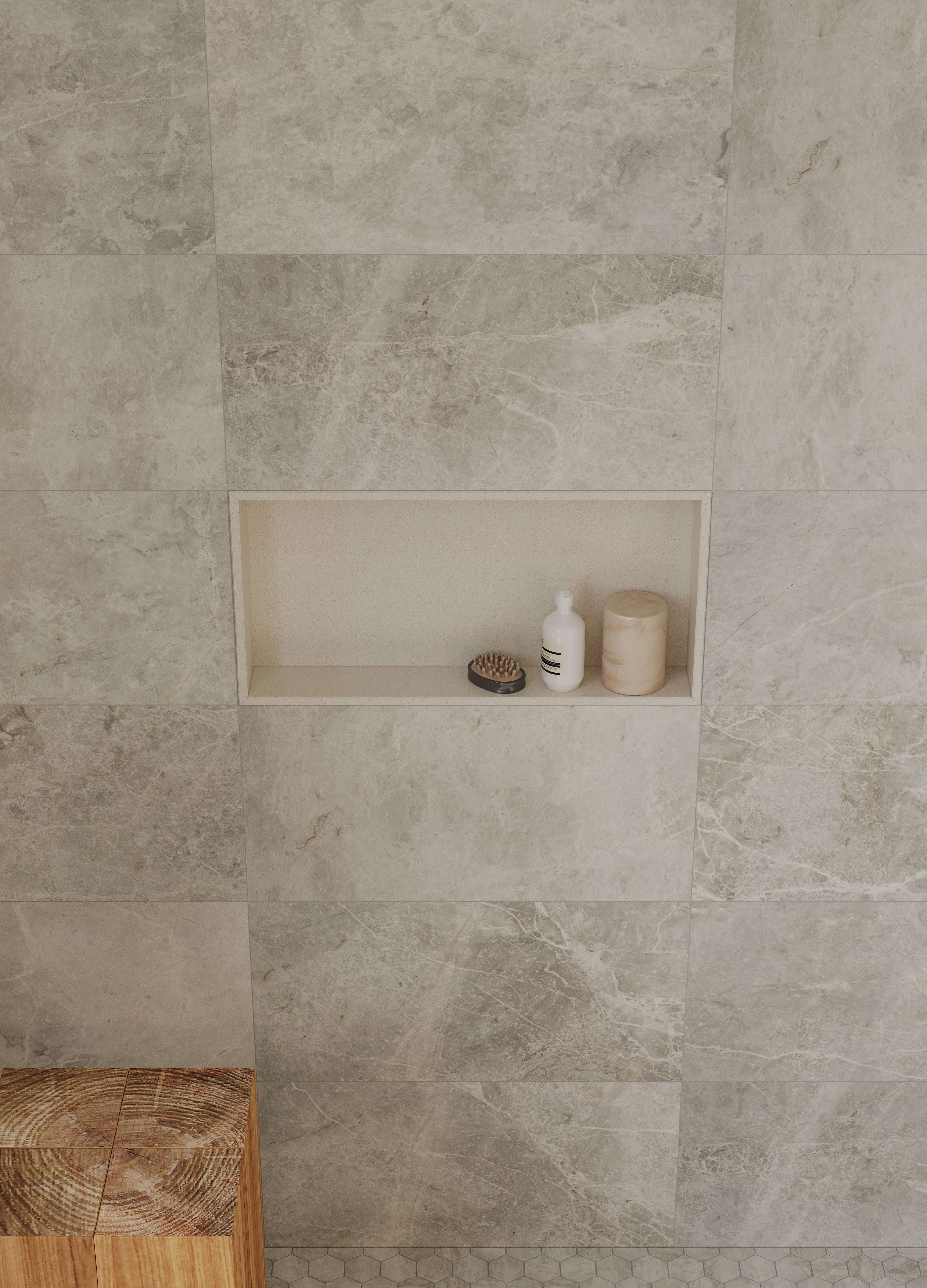 Marmiline Mist engineered stone trim by Anatolia, top-down product view, 14"×36"×19/32" size. Chinese engineered stone for floors and walls.