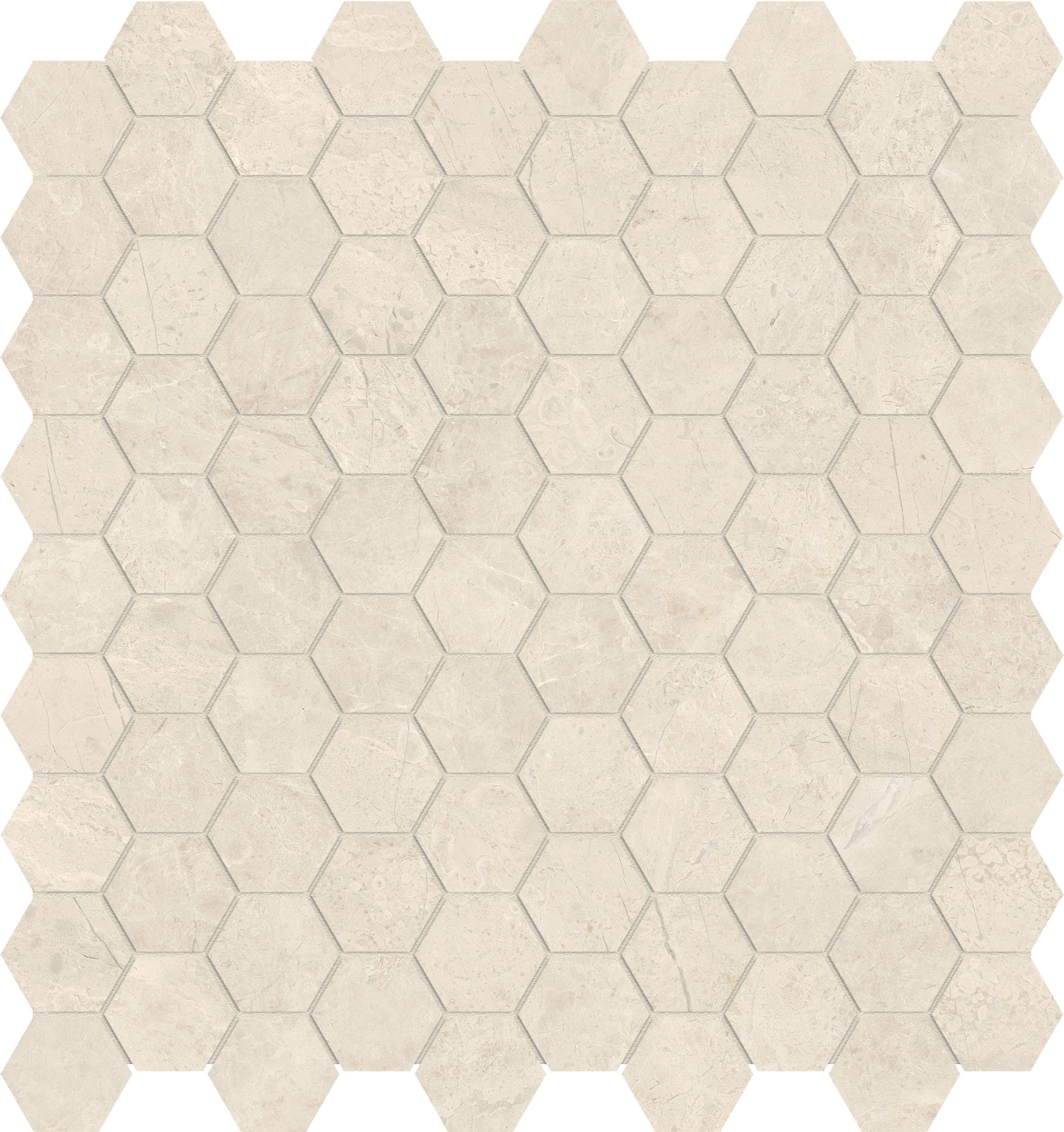 Mayfair Allure Ivory porcelain mosaic by Anatolia, top-down product view, 11 9/16"×12 1/16"×11/32" size. Indian porcelain for floors and walls.