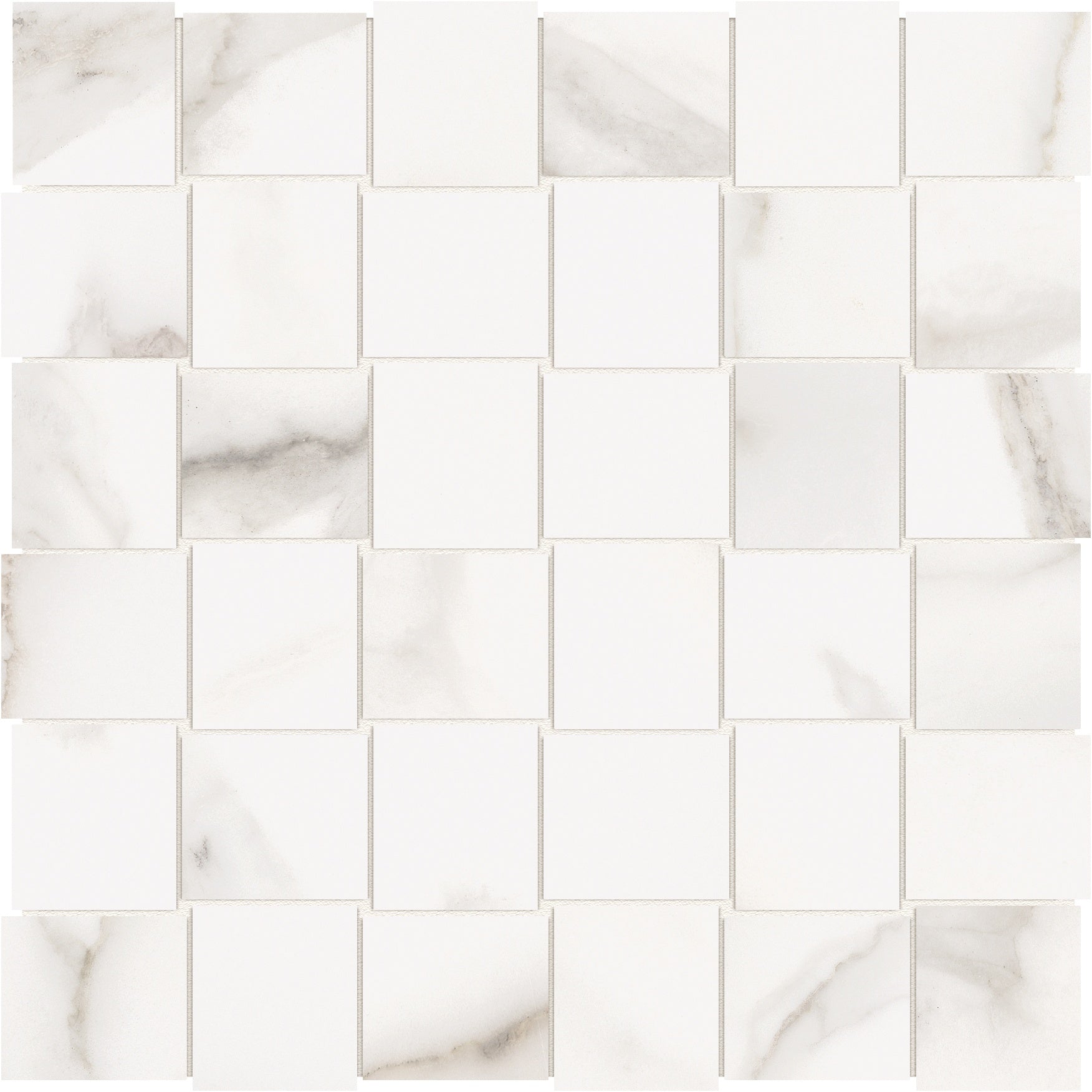 Mayfair Calacatta Oro porcelain mosaic by Anatolia, top-down product view, 11 27/32"×11 27/32"×11/32" size. Indian porcelain for floors and walls.