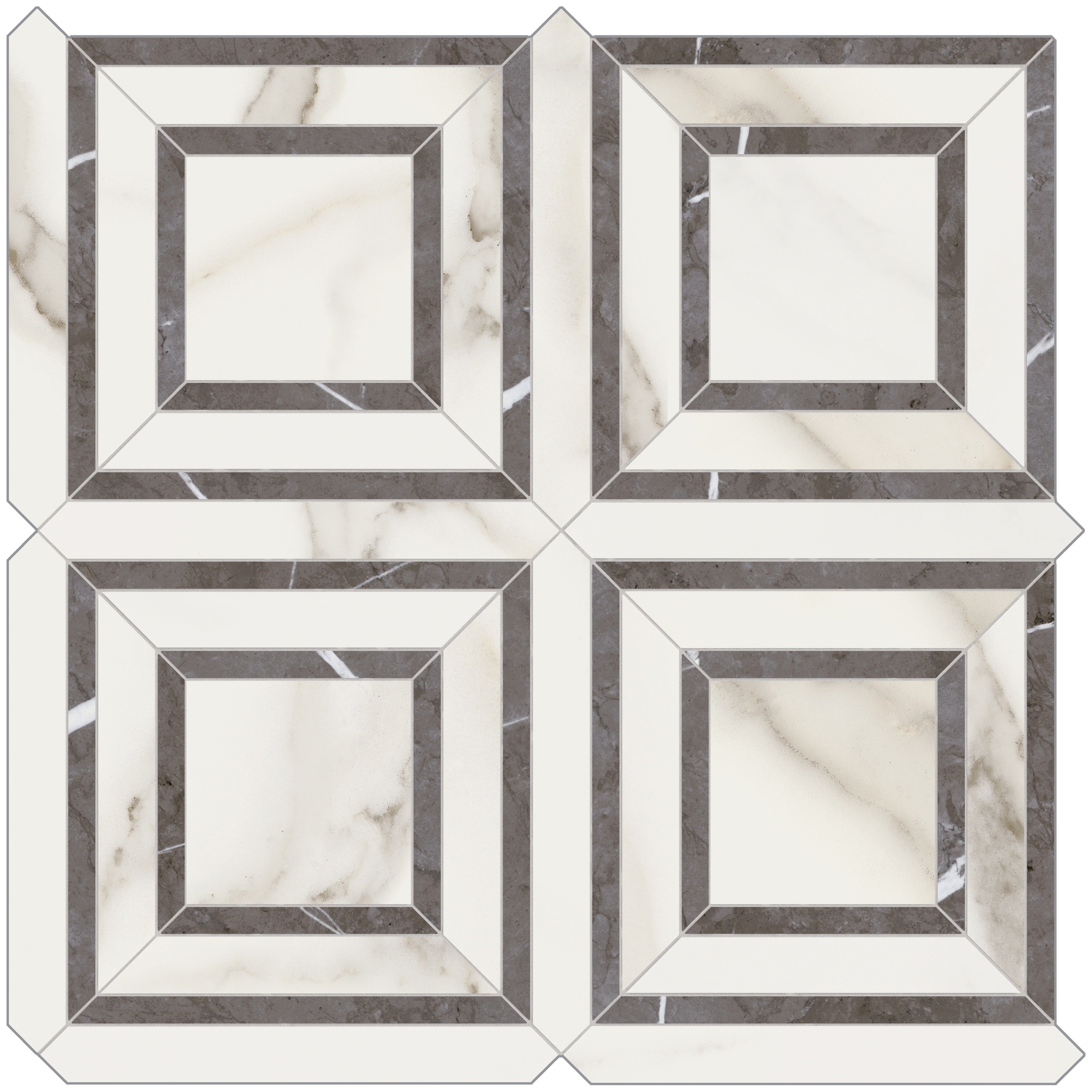 Mayfair Calacatta Oro porcelain mosaic by Anatolia, top-down product view, 11 23/32"×11 23/32"×11/32" size. Indian porcelain for floors and walls.