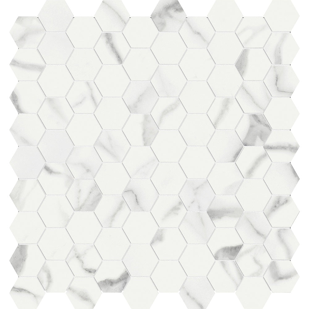 Mayfair Statuario Venato porcelain mosaic by Anatolia, top-down product view, 11 9/16"×12 1/16"×11/32" size. Indian porcelain for floors and walls.