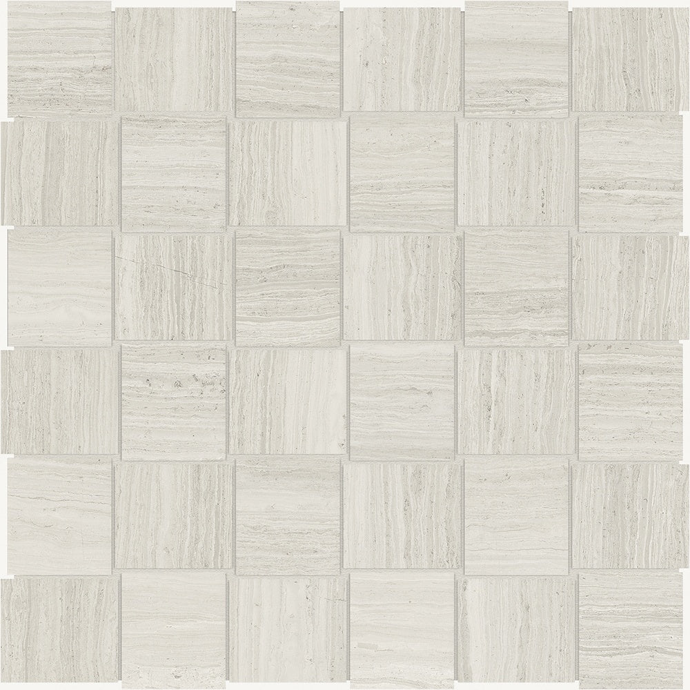 Mayfair Strada Ash porcelain mosaic by Anatolia, top-down product view, 11 27/32"×11 27/32"×11/32" size. Indian porcelain for floors and walls.