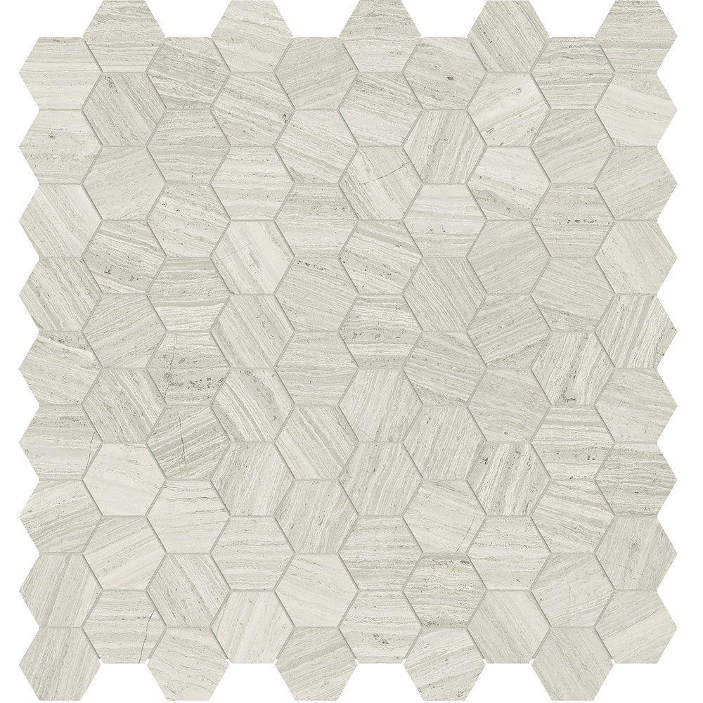 Mayfair Strada Ash porcelain mosaic by Anatolia, top-down product view, 11 9/16"×12 1/16"×11/32" size. Indian porcelain for floors and walls.