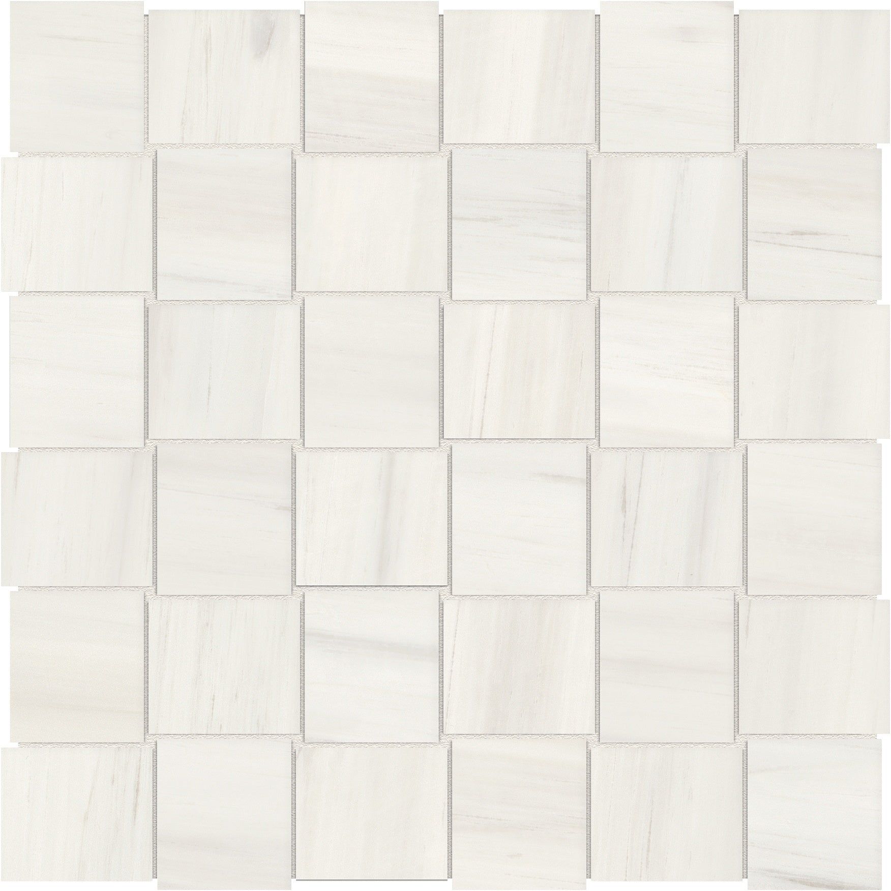 Mayfair Suave Bianco porcelain mosaic by Anatolia, top-down product view, 11 27/32"×11 27/32"×11/32" size. Indian porcelain for floors and walls.
