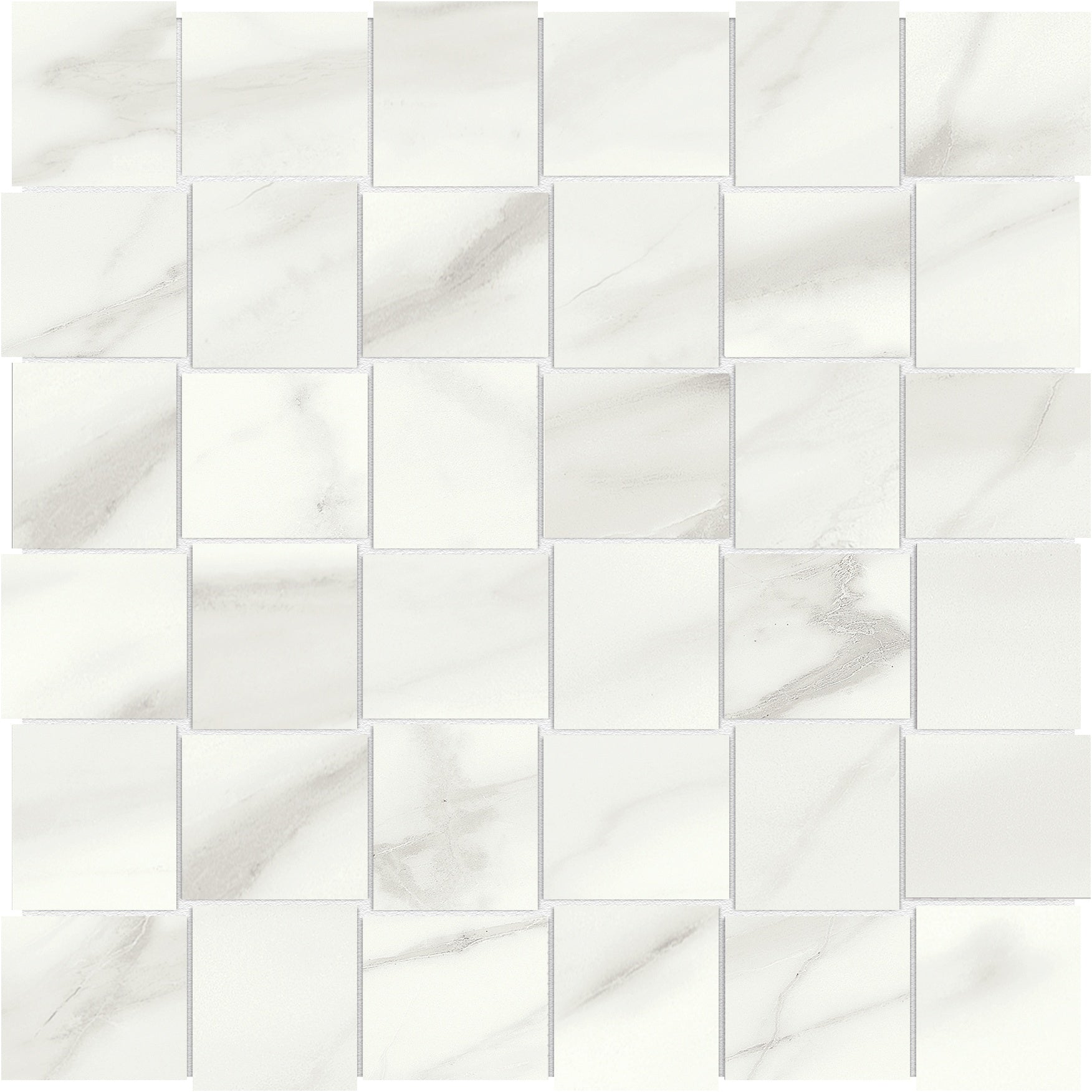 Mayfair Volakas Grigio porcelain mosaic by Anatolia, top-down product view, 11 27/32"×11 27/32"×11/32" size. Indian porcelain for floors and walls.