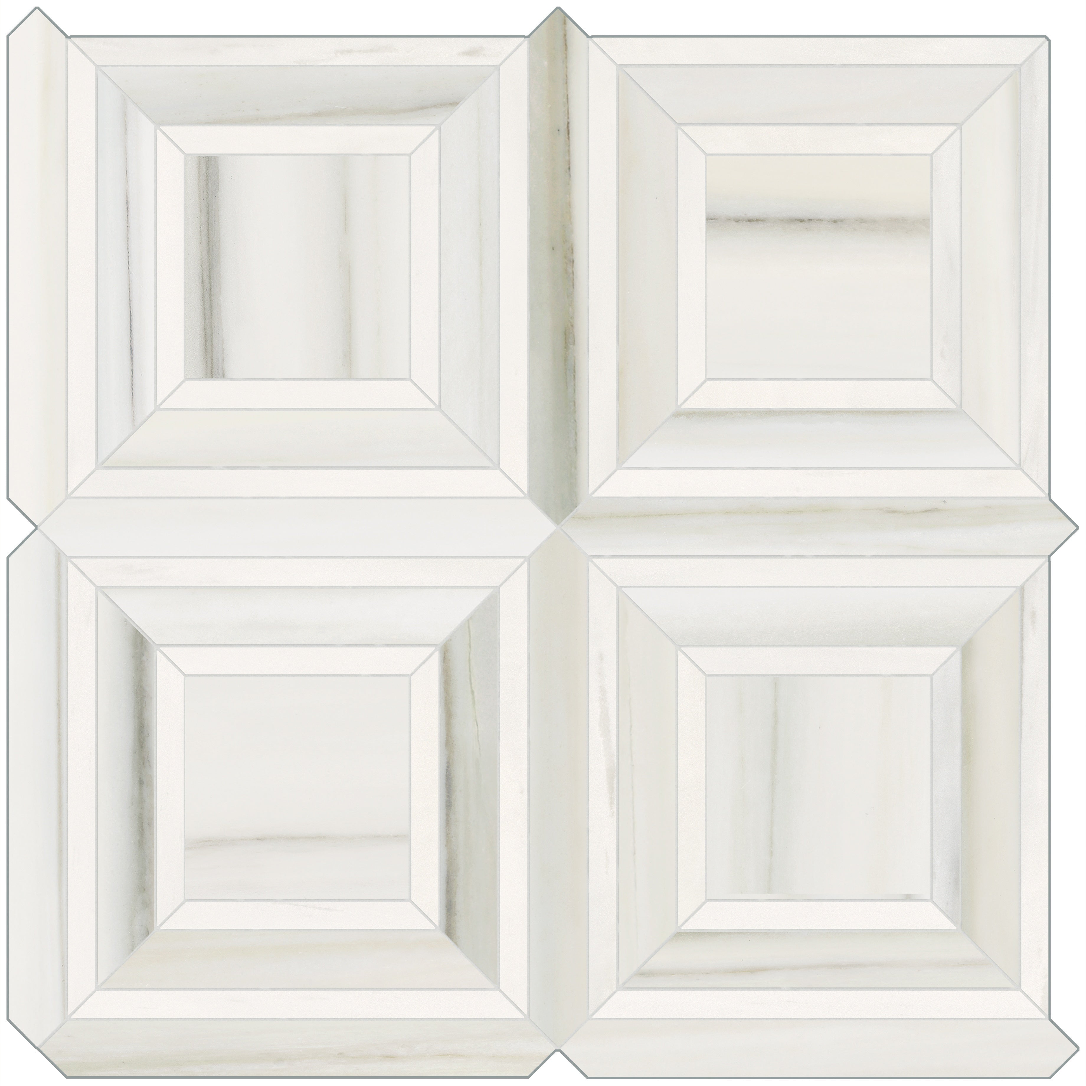 Mayfair Zebrino porcelain mosaic by Anatolia, top-down product view, 11 23/32"×11 23/32"×11/32" size. Indian porcelain for floors and walls.