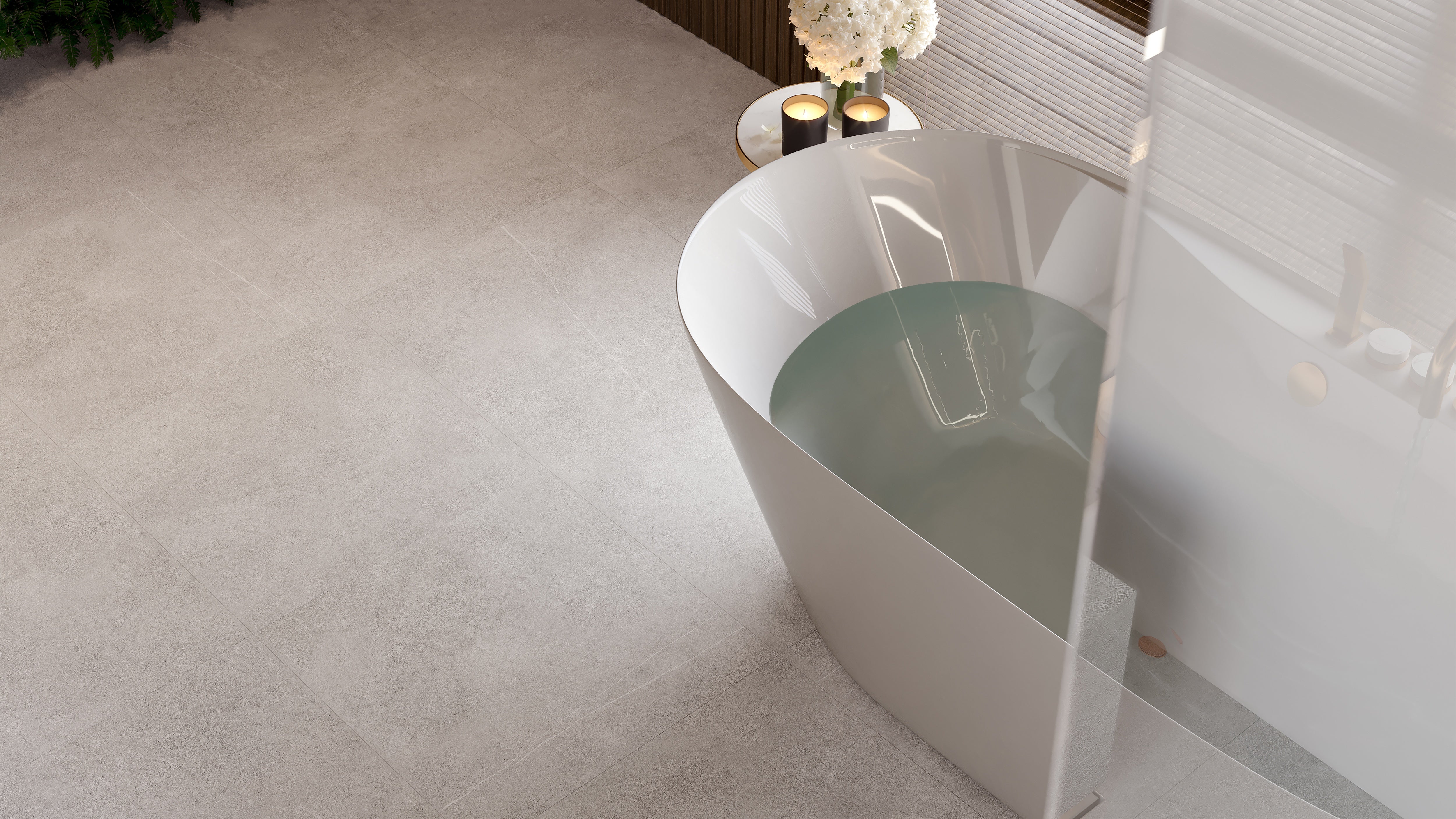 Mjork Ash porcelain trim by Anatolia, top-down product view, 3"×24"×11/32" size. Turkish porcelain for floors and walls.