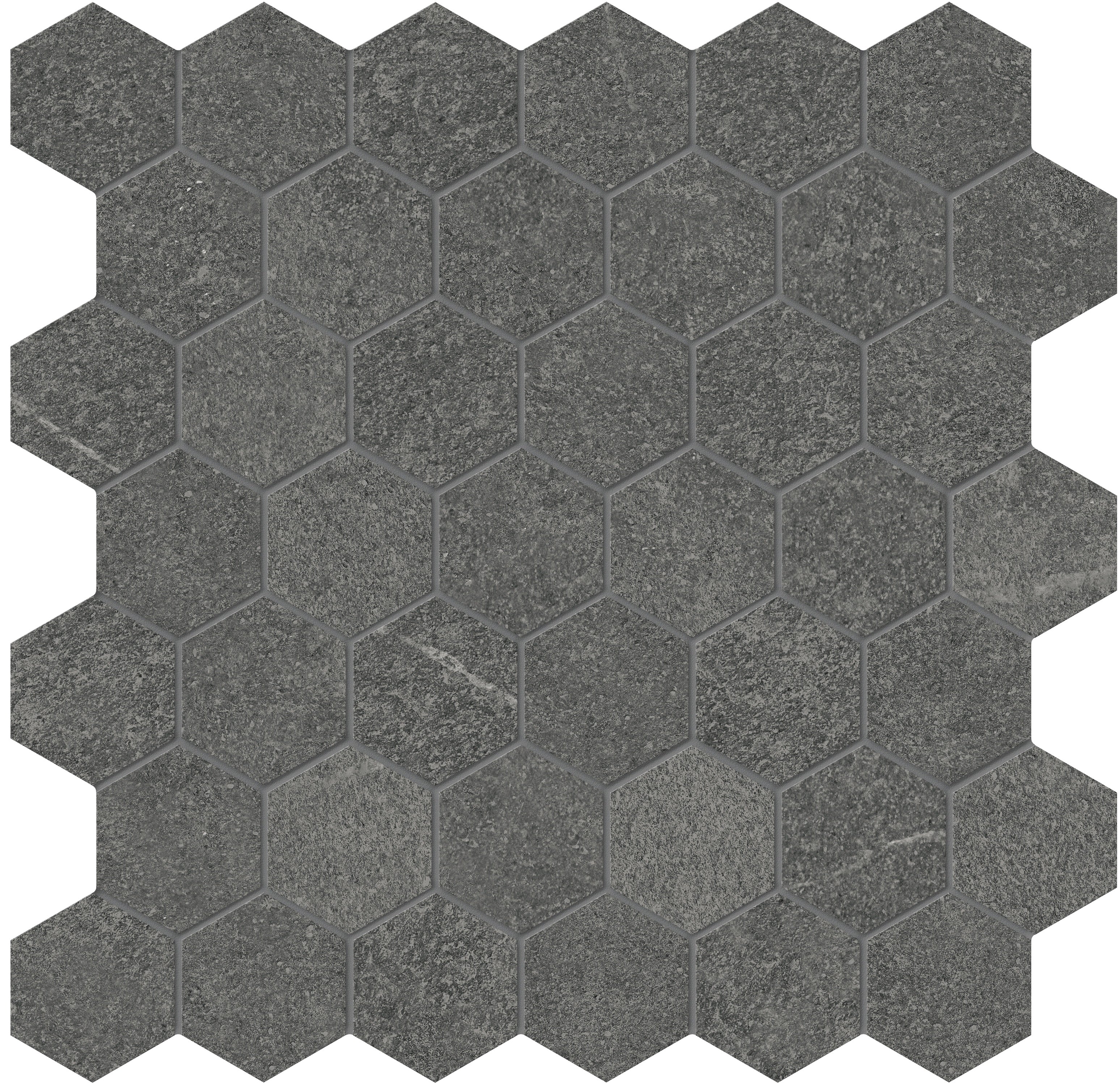 Mjork Carbon porcelain mosaic by Anatolia, top-down product view, 11 23/32"×11 27/32"×11/32" size. Turkish porcelain for floors and walls.
