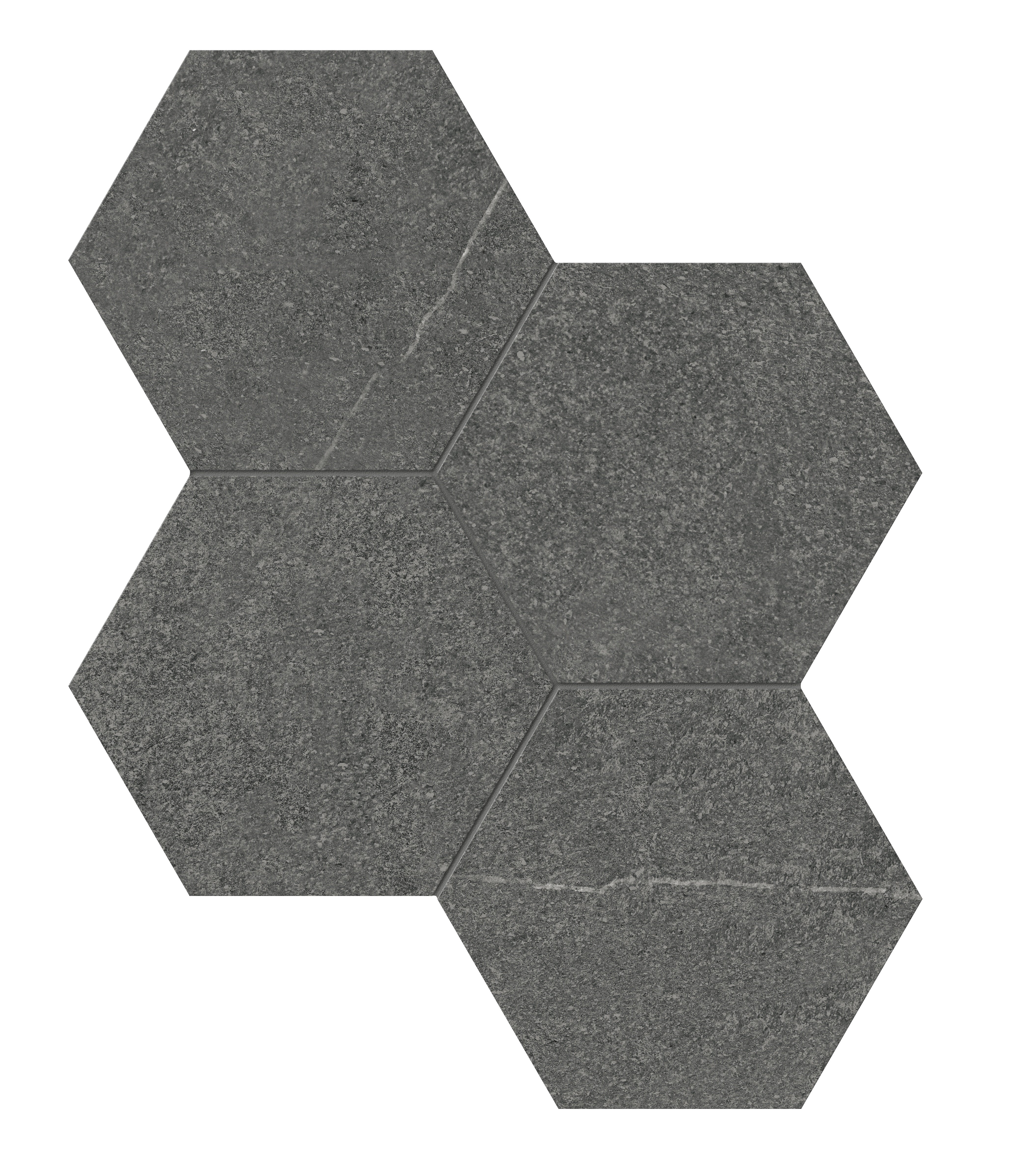 Mjork Carbon porcelain mosaic by Anatolia, top-down product view, 9 31/32"×11 1/2"×11/32" size. Turkish porcelain for floors and walls.