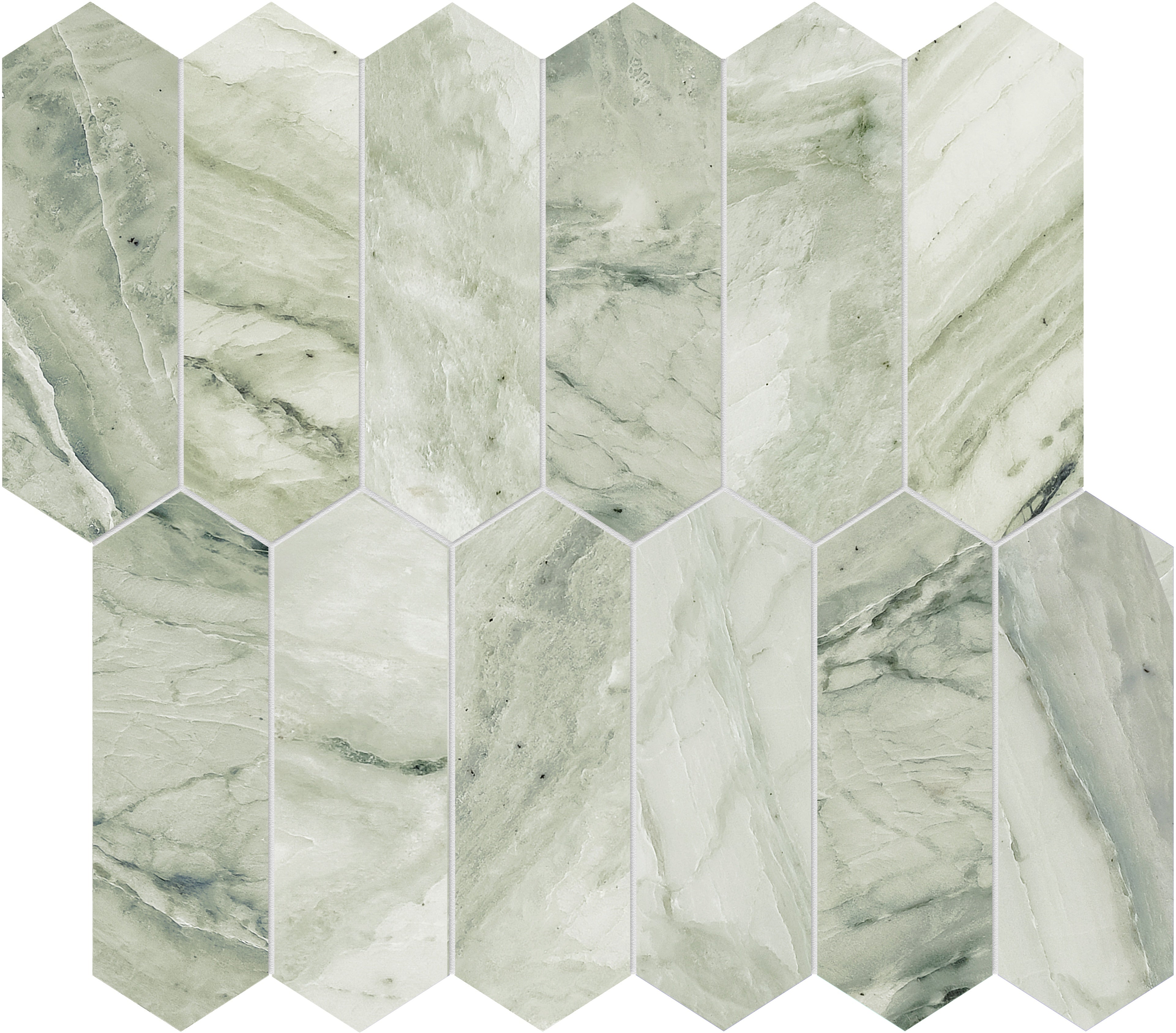 Moscato Argento marble mosaic by Anatolia, top-down product view, 10 5/8"×11 13/16"×3/8" size. Chinese marble for floors and walls.