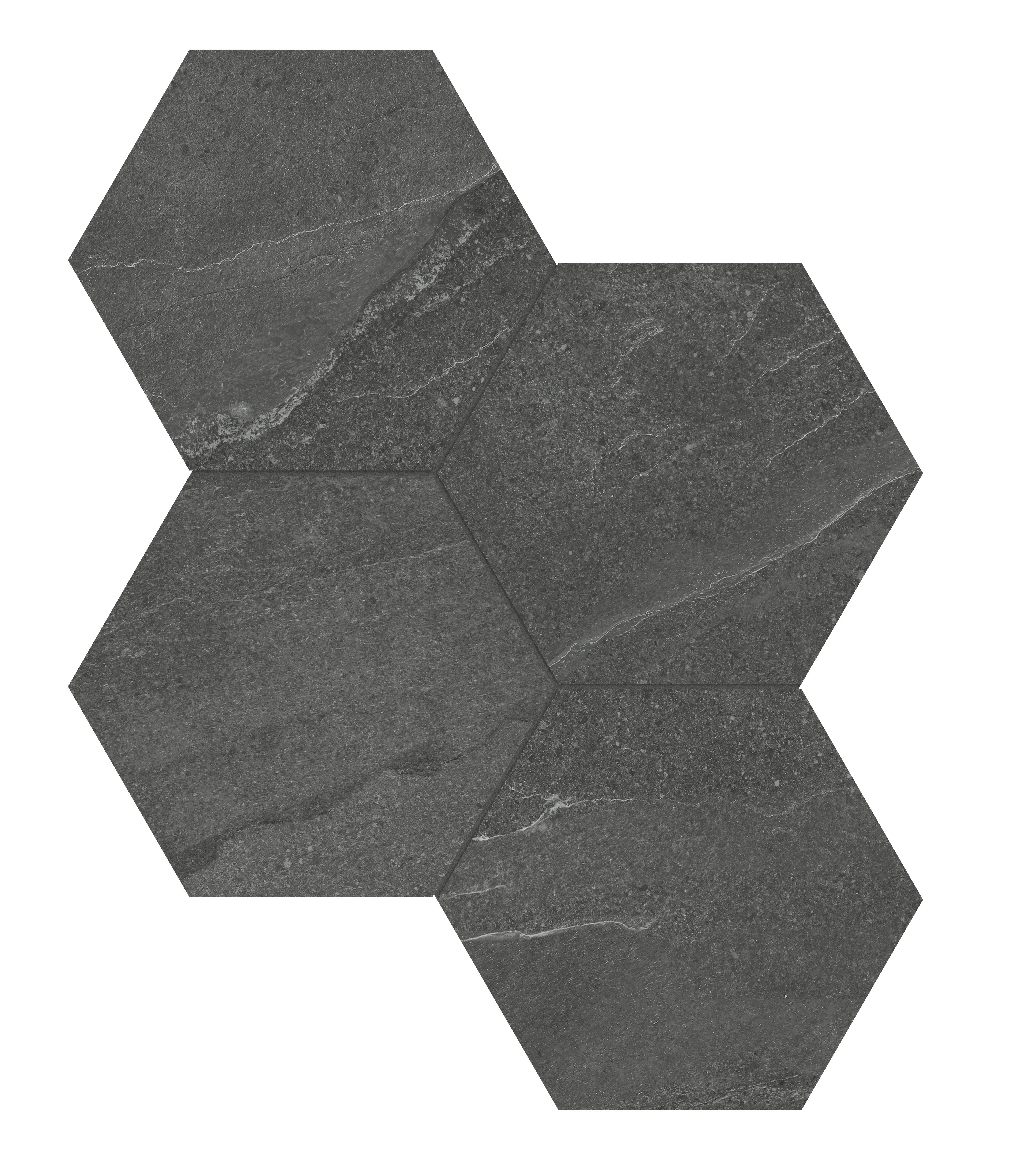Nord Carbon porcelain mosaic by Anatolia, top-down product view, 9 31/32"×11 1/2"×11/32" size. Turkish porcelain for floors and walls.