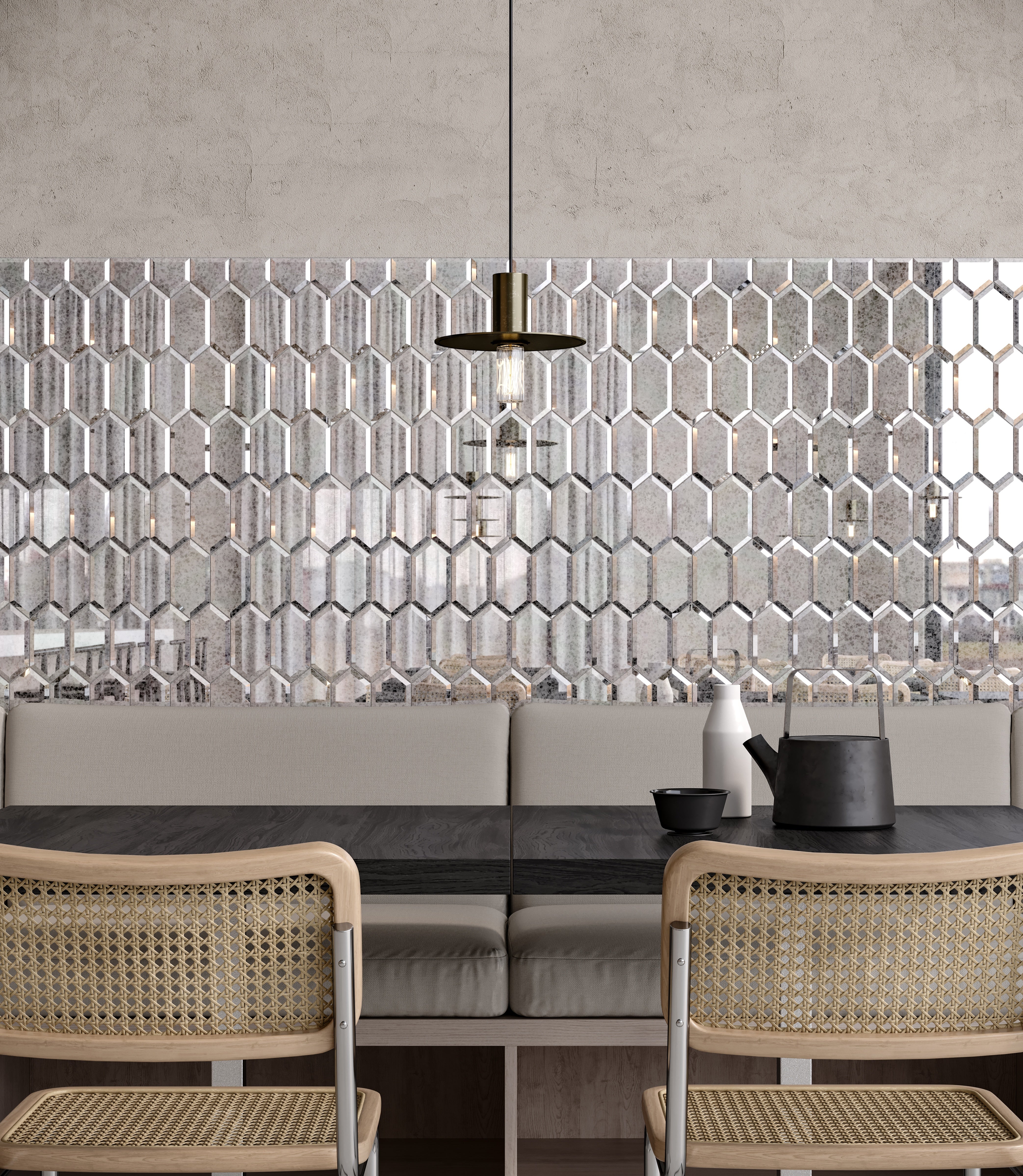 Obsidian Antique Silver glass mosaic by Anatolia, top-down product view, 11 15/32"×11 13/16"×1/4" size. Chinese glass for floors and walls.