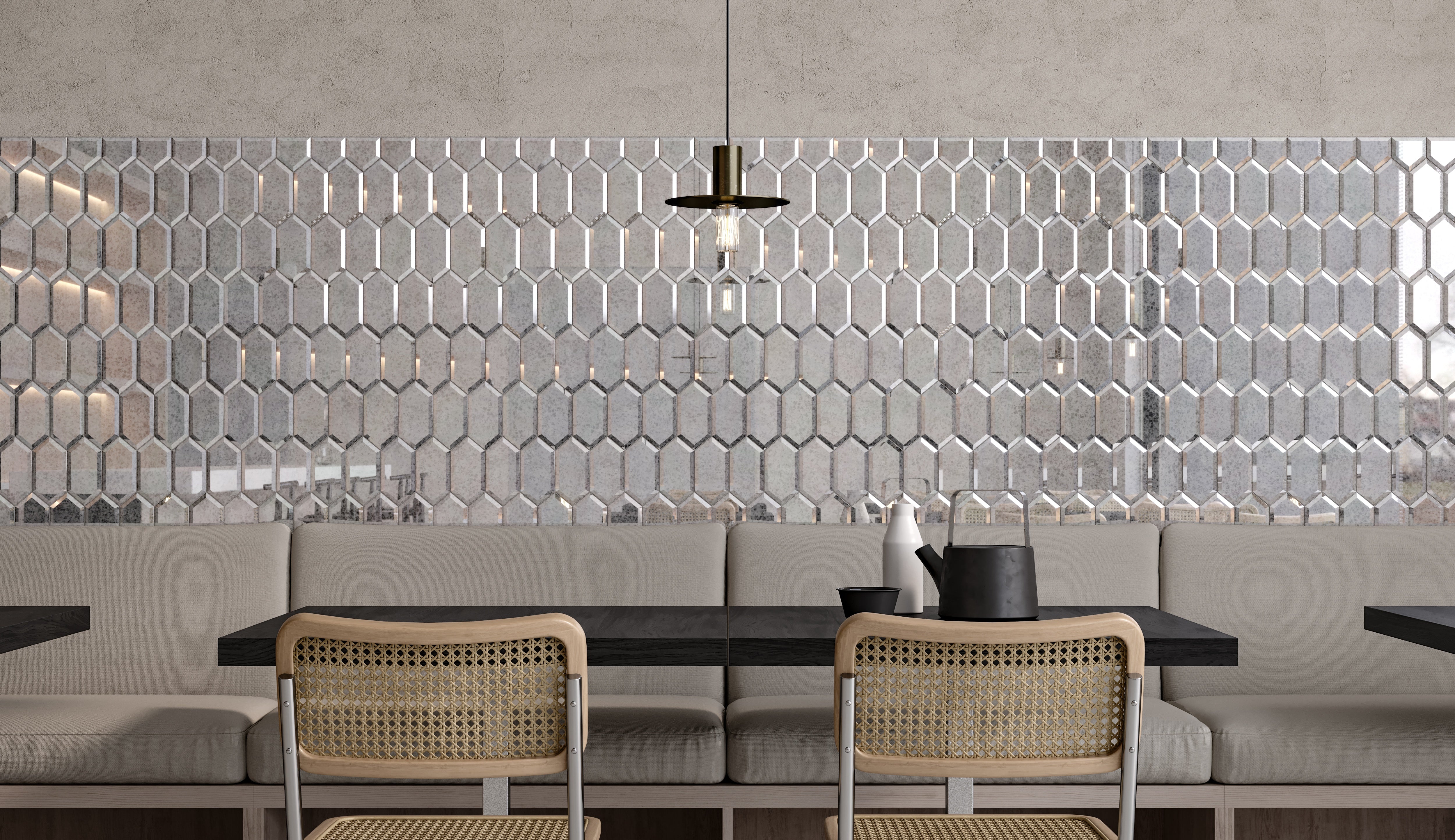 Obsidian Antique Silver glass mosaic by Anatolia, top-down product view, 11 15/32"×11 13/16"×1/4" size. Chinese glass for floors and walls.