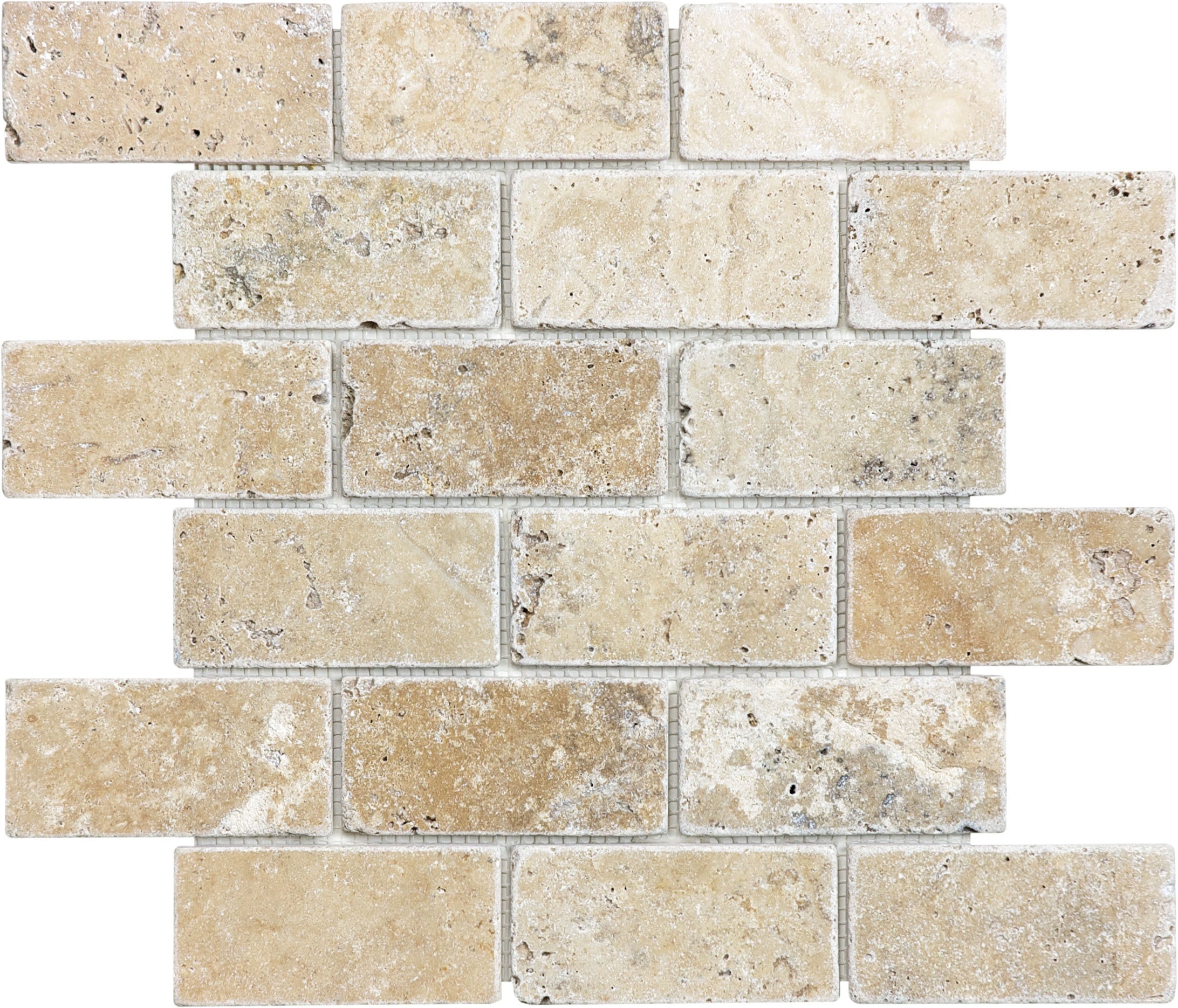 Picasso travertine mosaic by Anatolia, top-down product view, 12"×12"×3/8" size. Turkish travertine for floors and walls.