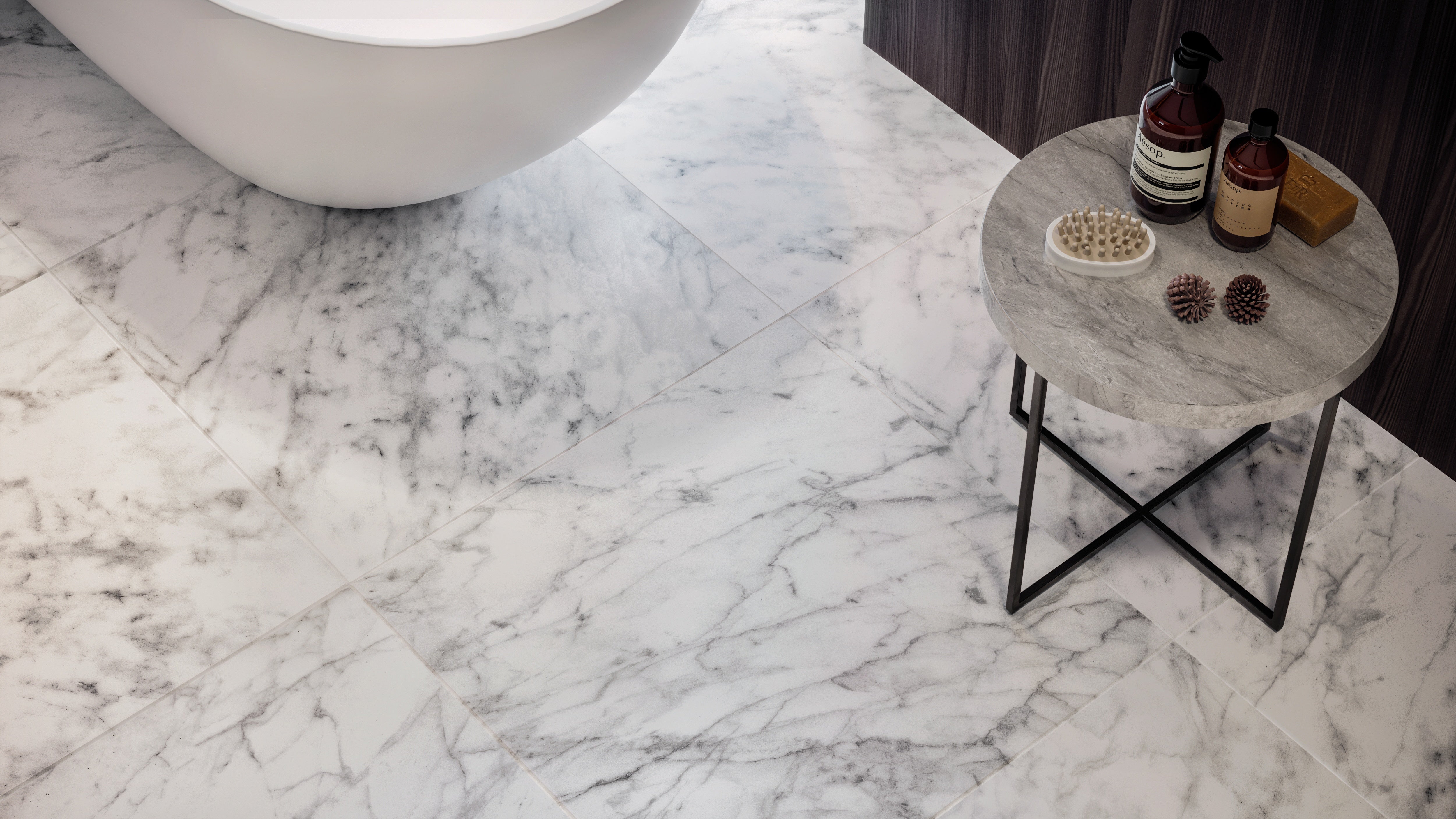 Plata Carrara Abisso porcelain trim by Anatolia, top-down product view, 3"×12"×11/32" size. Premium porcelain for floors and walls.
