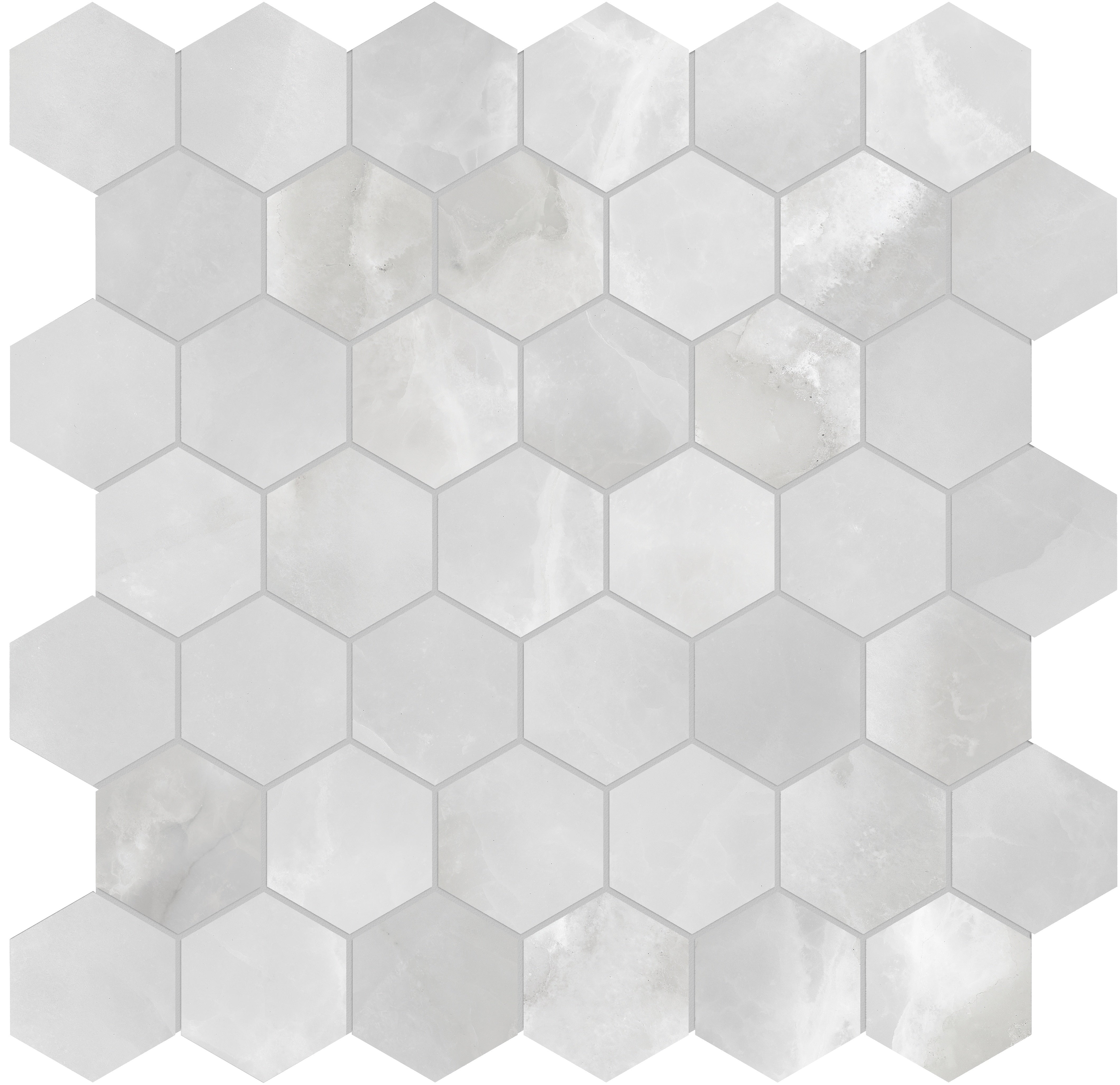 Plata Onyx Crystallo porcelain mosaic by Anatolia, top-down product view, 11 23/32"×11 27/32"×11/32" size. Indian porcelain for floors and walls.