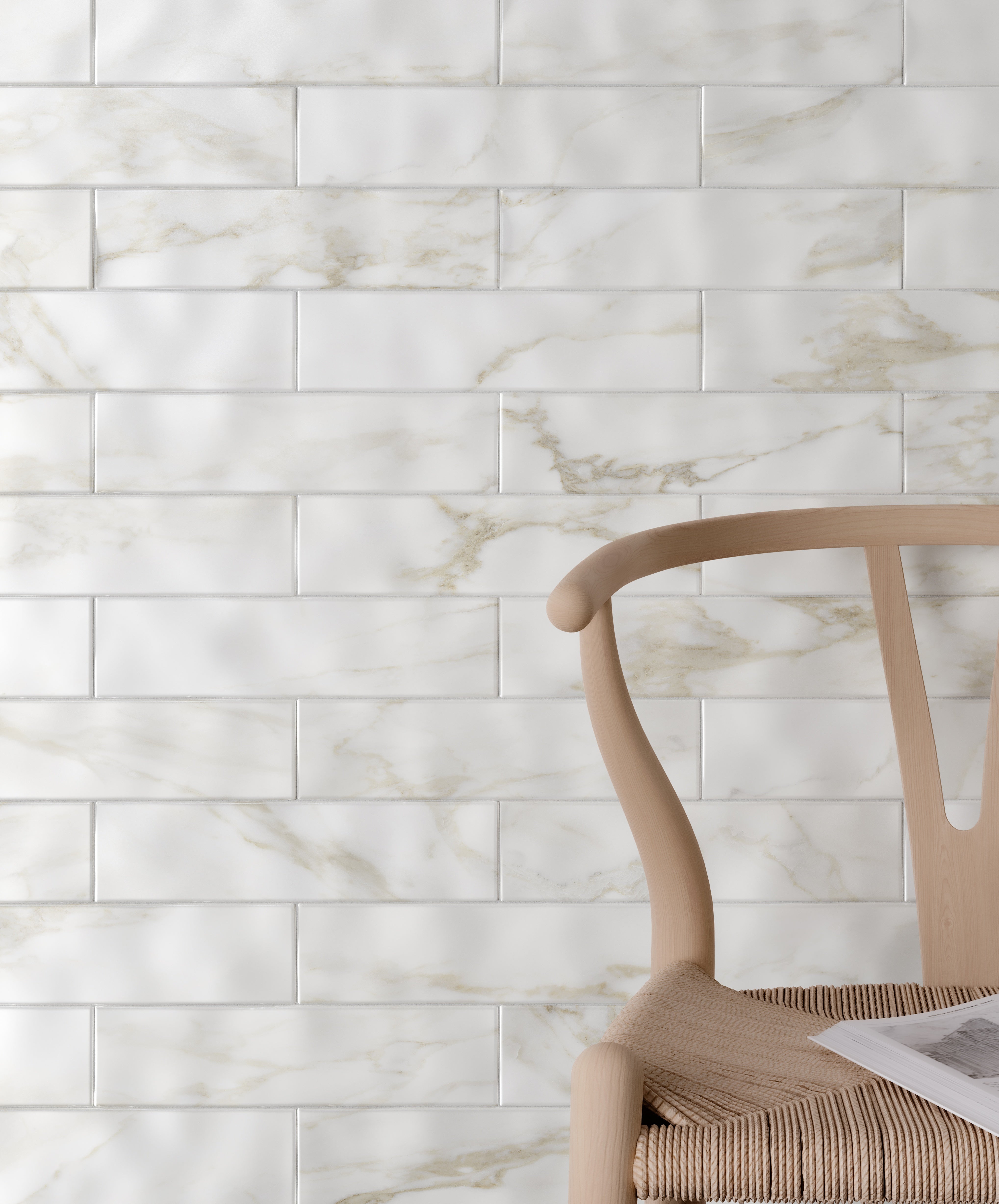 Raffino Calacatta Dolce ceramic field tile by Anatolia, top-down product view, 3"×12"×11/32" size. Turkish ceramic for floors and walls.