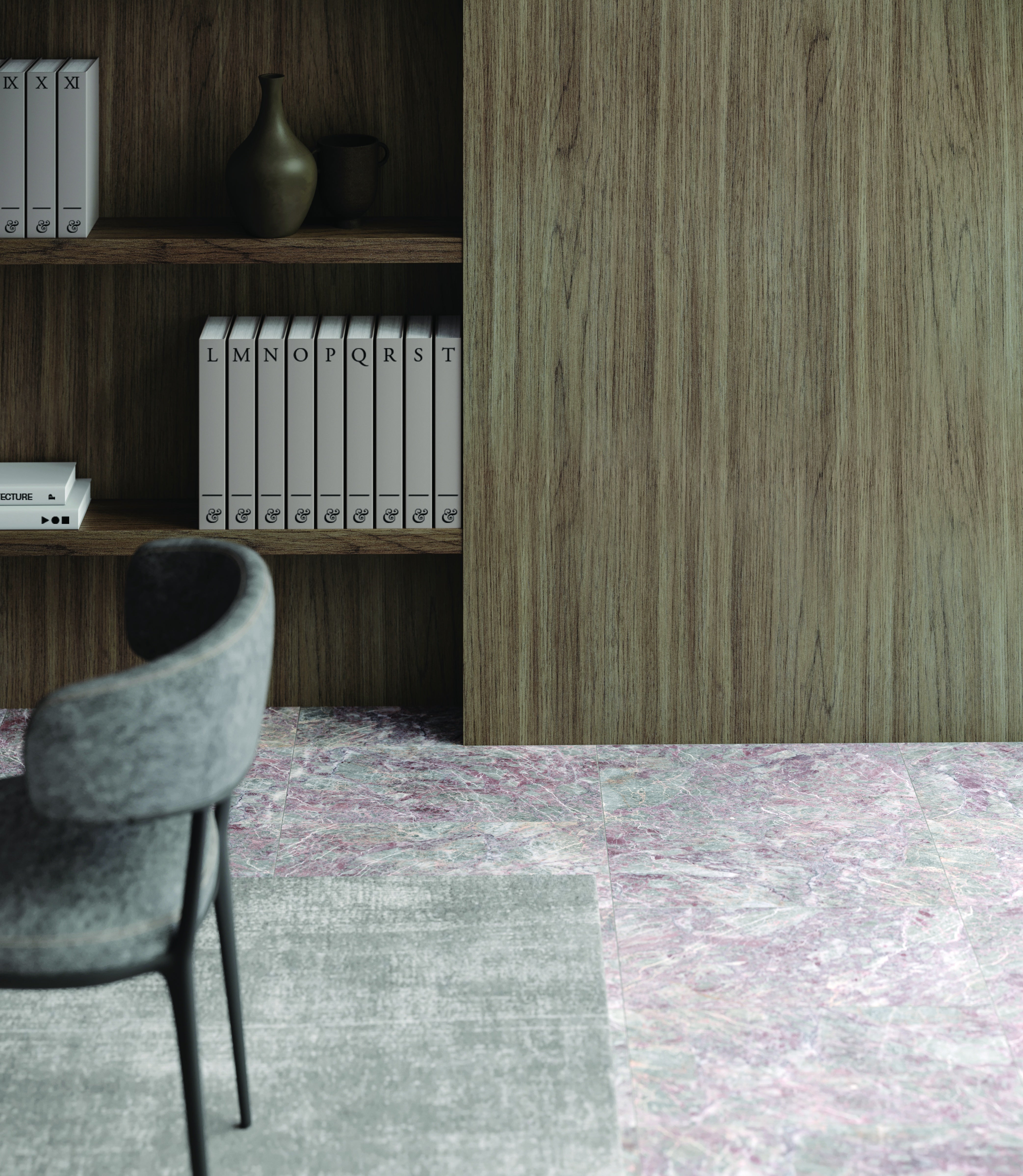 Sereno Burgundy marble trim by Anatolia, lifestyle installation view 2, 1 1/4"×12"×7/8" size. Turkish marble for floors and walls.