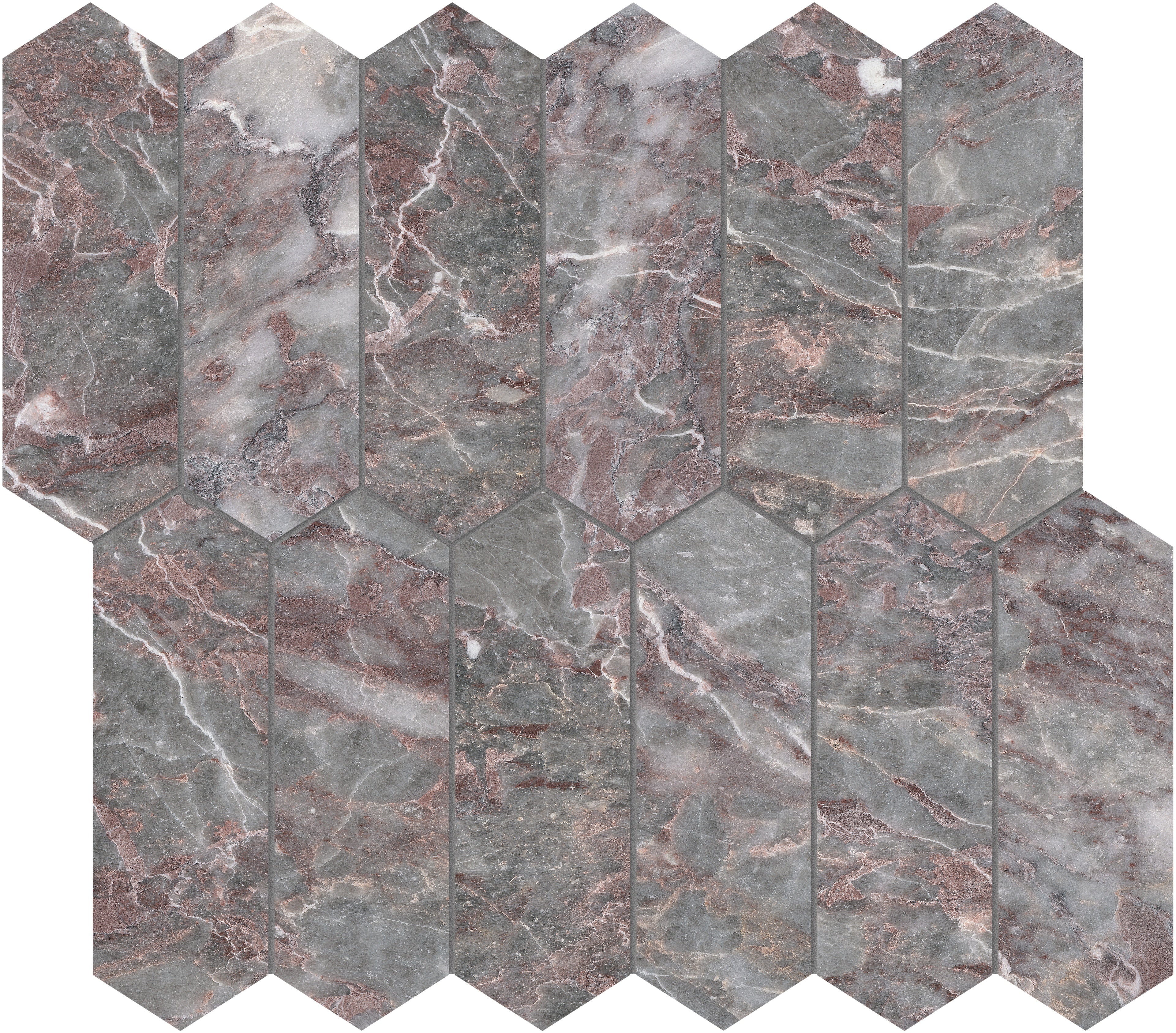 Sereno Burgundy marble mosaic by Anatolia, top-down product view, 10 5/8"×11 13/16"×3/8" size. Turkish marble for floors and walls.