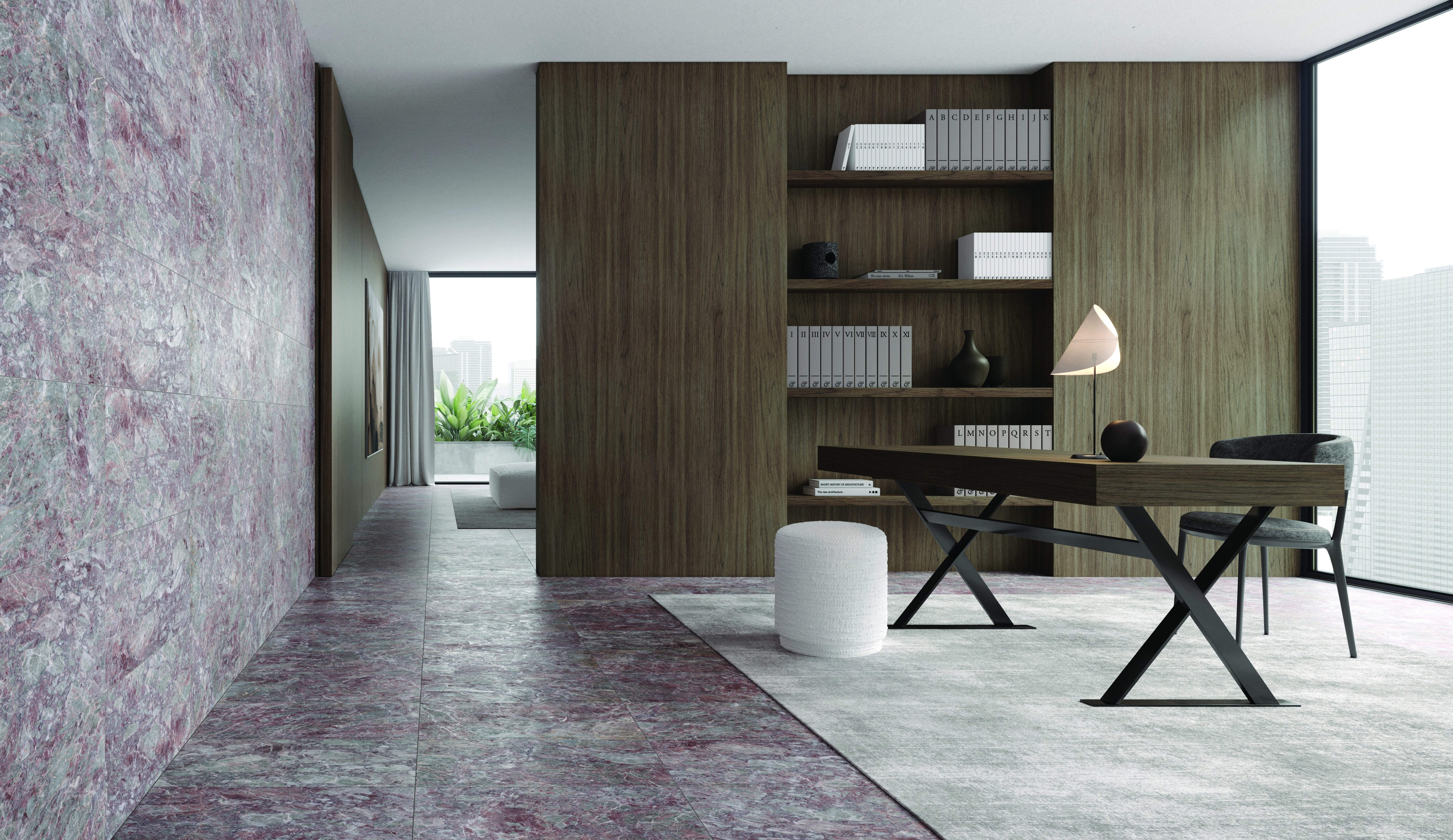 Sereno Burgundy marble trim by Anatolia, lifestyle installation view 3, 1 1/4"×12"×7/8" size. Turkish marble for floors and walls.