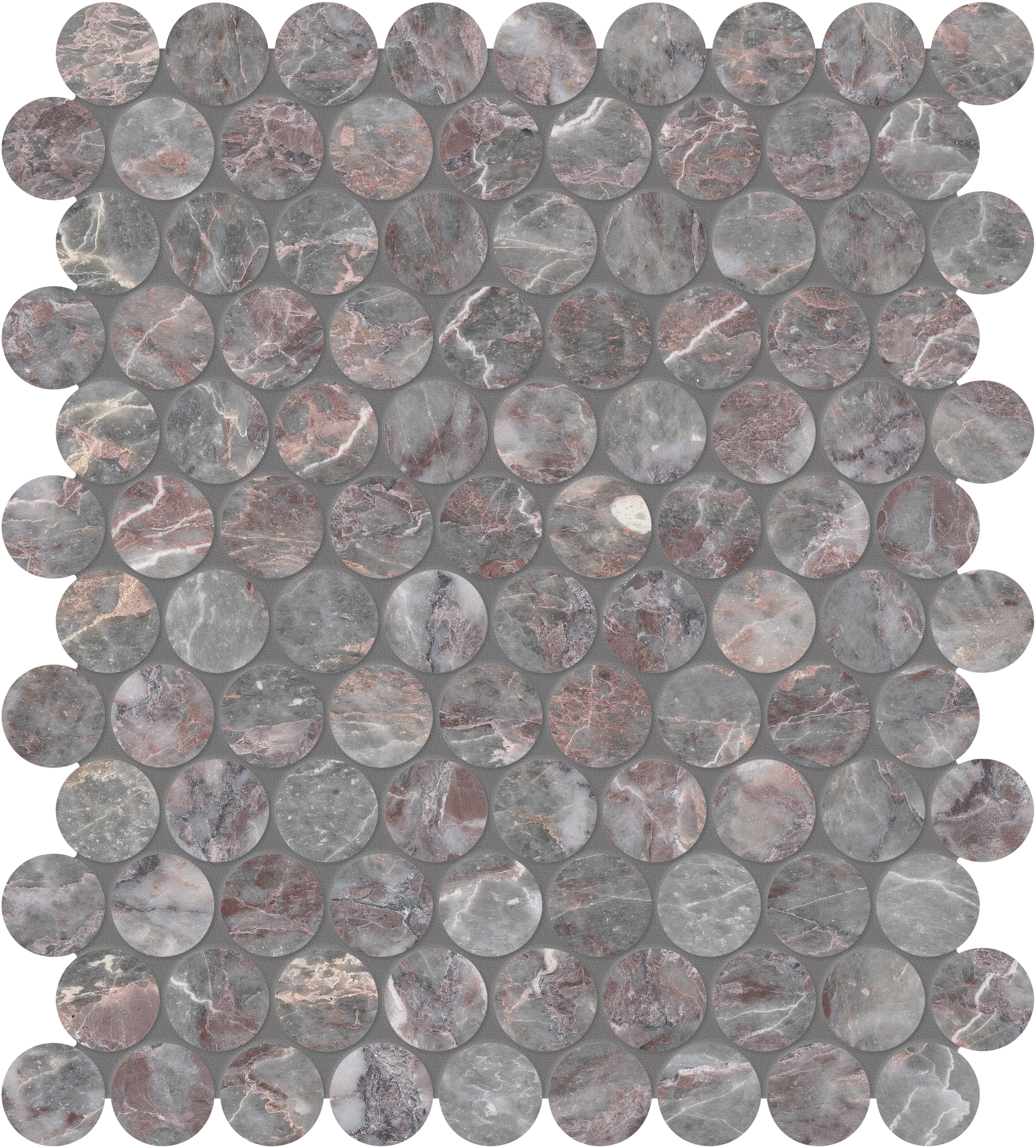Sereno Burgundy marble mosaic by Anatolia, top-down product view, 11 3/32"×12 7/8"×3/8" size. Turkish marble for floors and walls.
