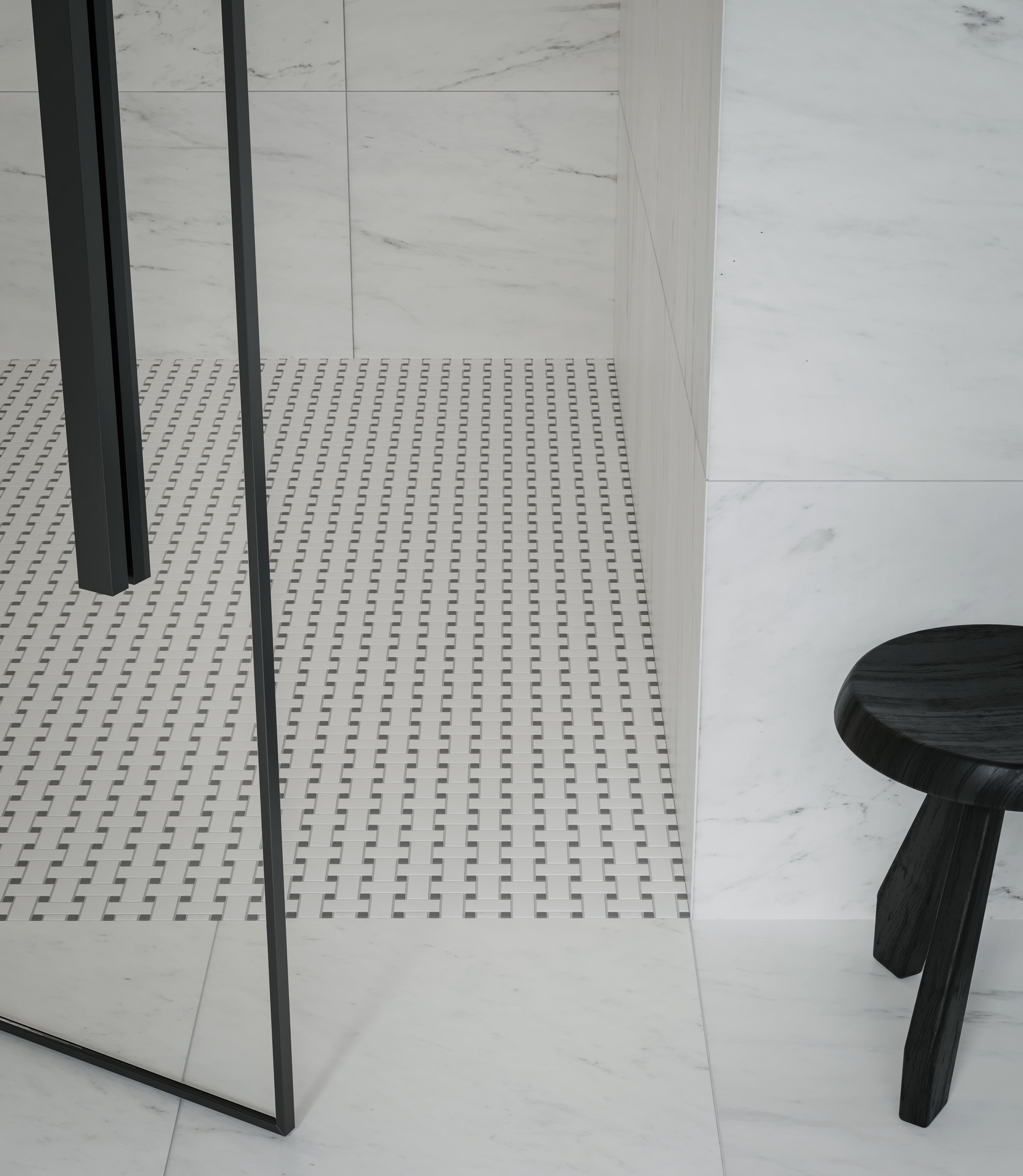 Soho Canvas White w/ Cement Chic porcelain mosaic by Anatolia, top-down product view, 11 23/32"×11 23/32"×1/4" size. Malaysian porcelain for floors and walls.