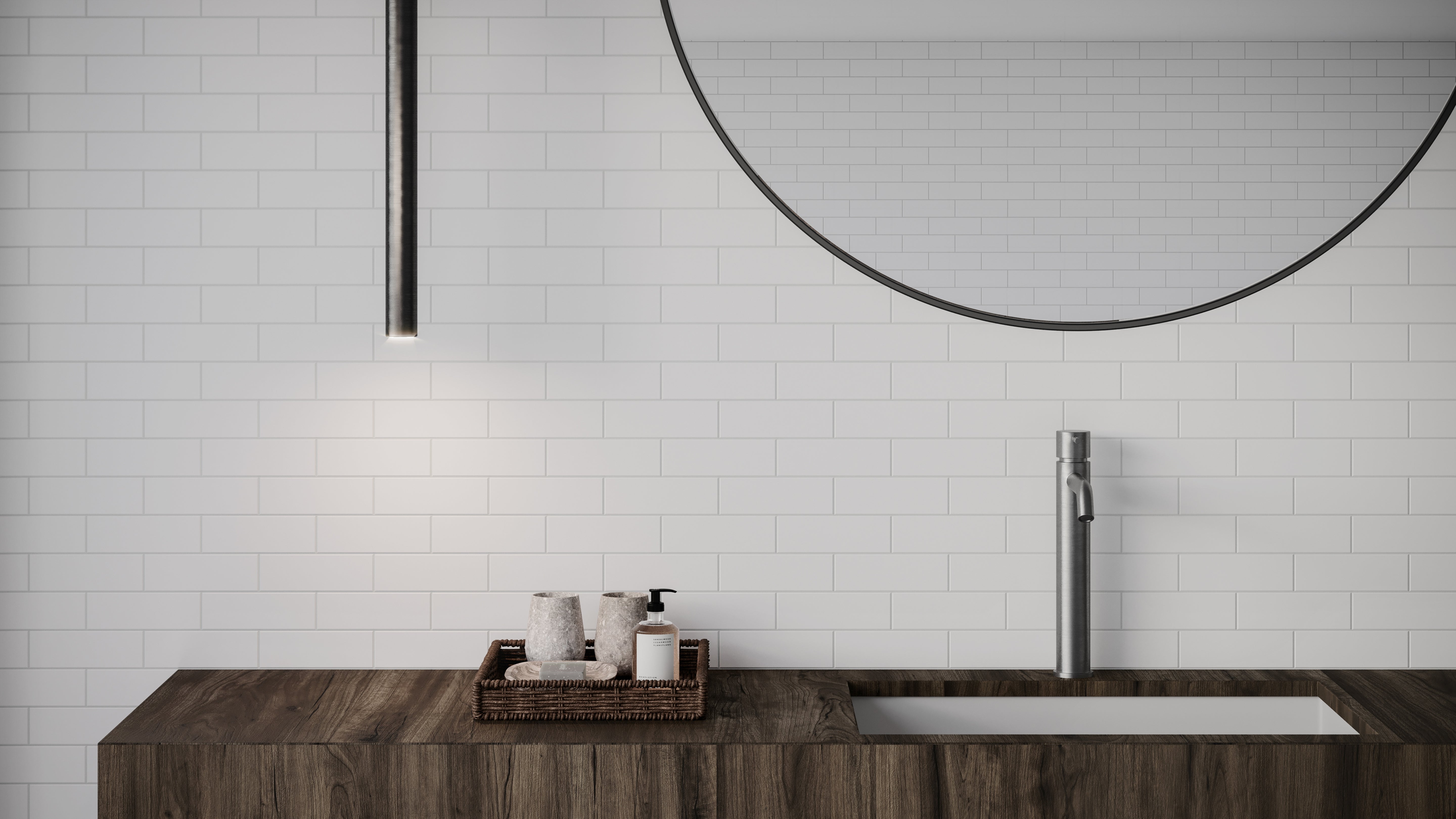 Soho Canvas White porcelain mosaic by Anatolia, lifestyle installation view 2, 10 7/16"×13 5/16"×9/32" size. Malaysian porcelain for floors and walls.