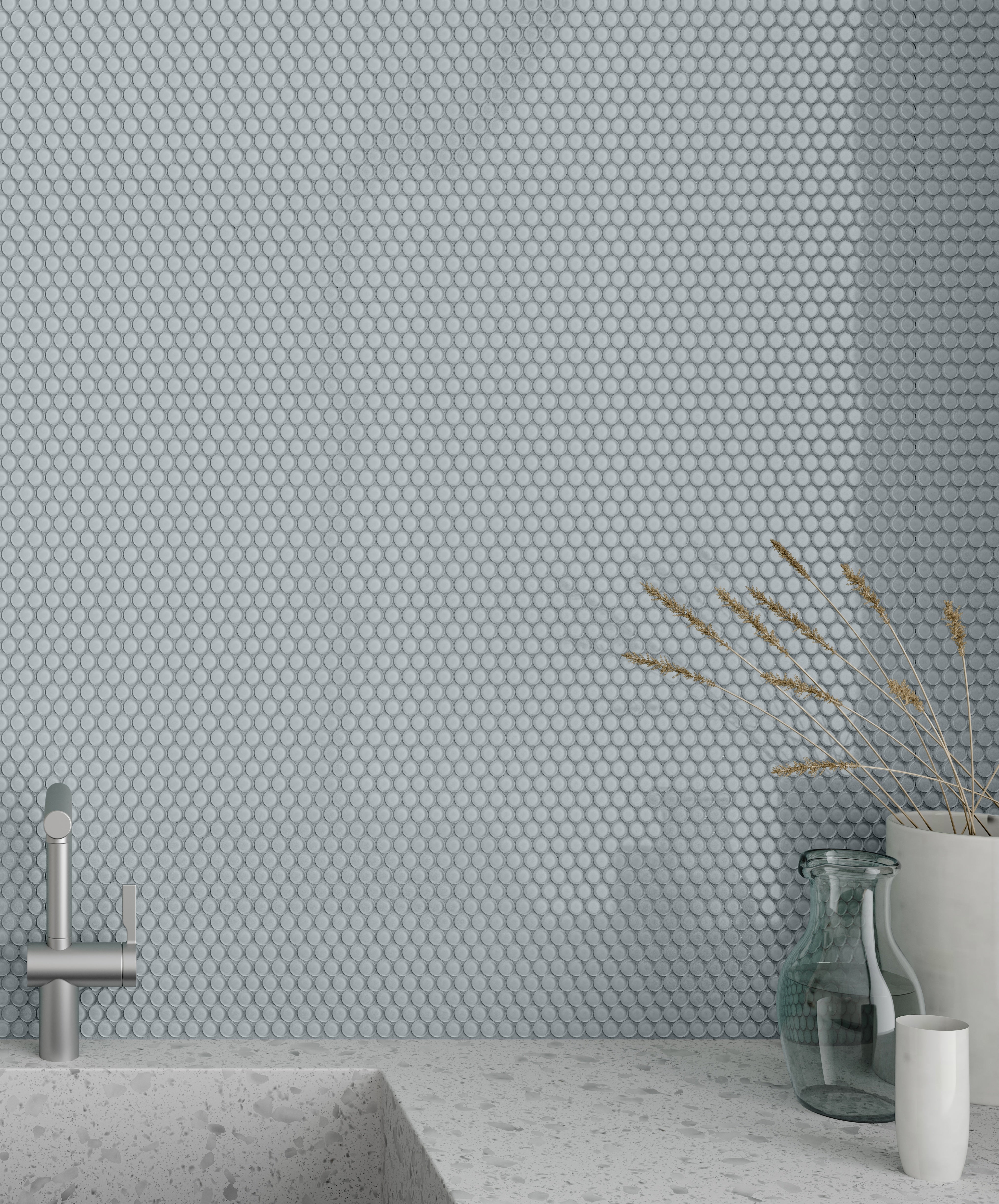 Soho Cloud Blue porcelain mosaic by Anatolia, lifestyle installation view 2, 10 7/16"×13 5/16"×9/32" size. Malaysian porcelain for floors and walls.