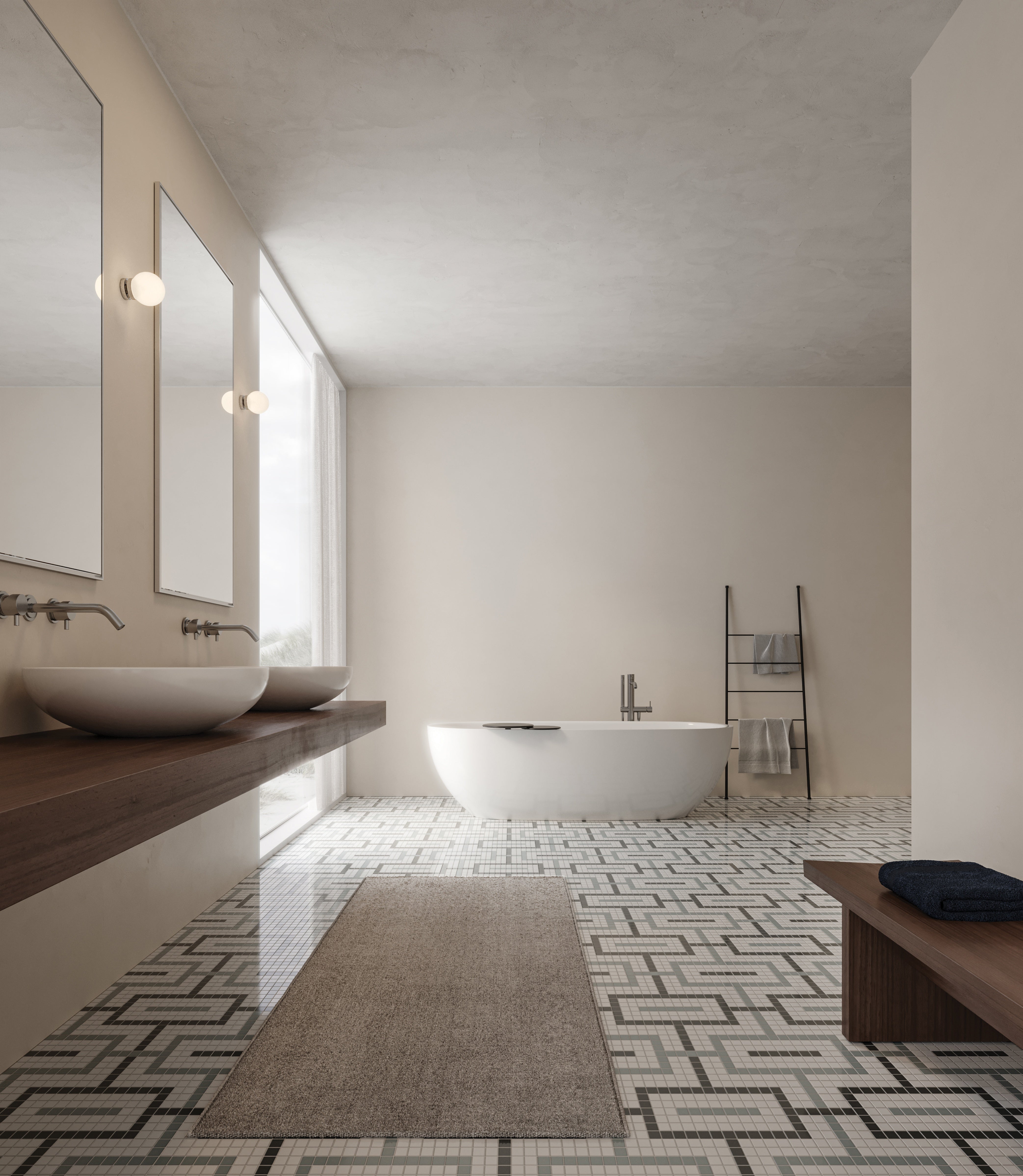 Soho Dawn Blend porcelain mosaic by Anatolia, top-down product view, 7 11/16"×13 5/16"×1/4" size. Malaysian porcelain for floors and walls.
