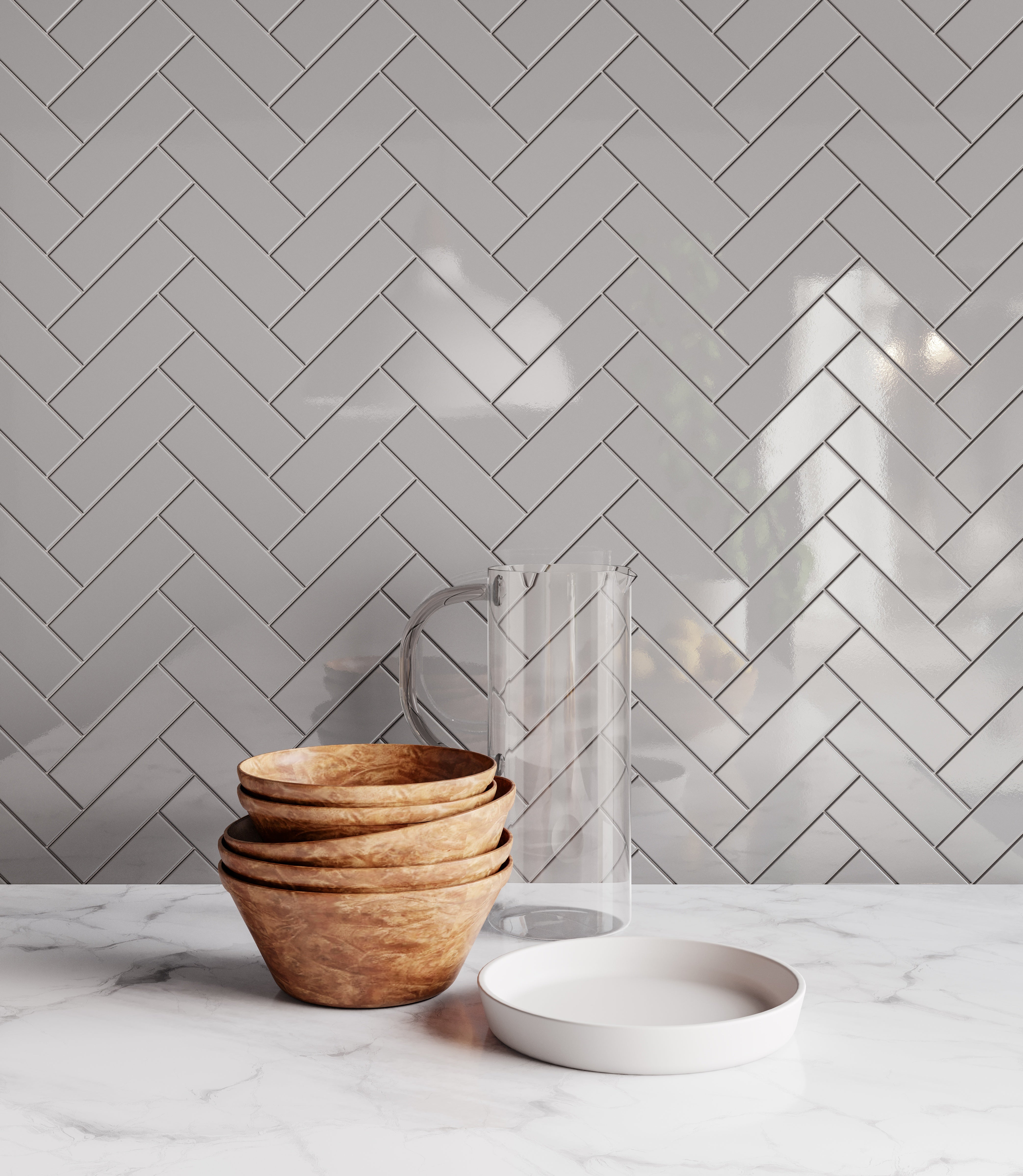 Soho Loft Grey porcelain mosaic by Anatolia, lifestyle installation view 2, 10 7/16"×13 5/16"×9/32" size. Malaysian porcelain for floors and walls.