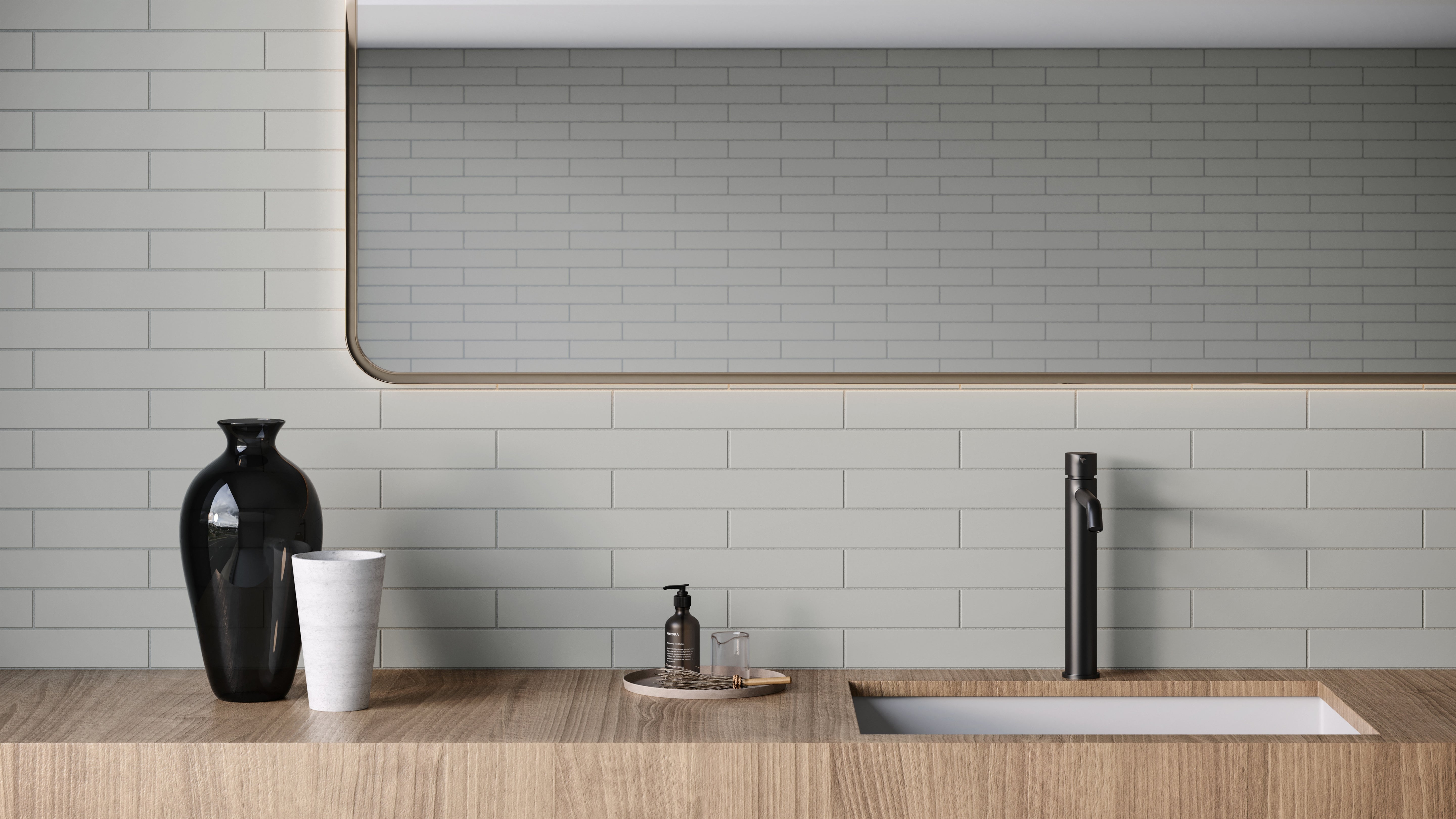 Soho Loft Grey porcelain mosaic by Anatolia, lifestyle installation view 1, 10 7/16"×13 5/16"×9/32" size. Malaysian porcelain for floors and walls.