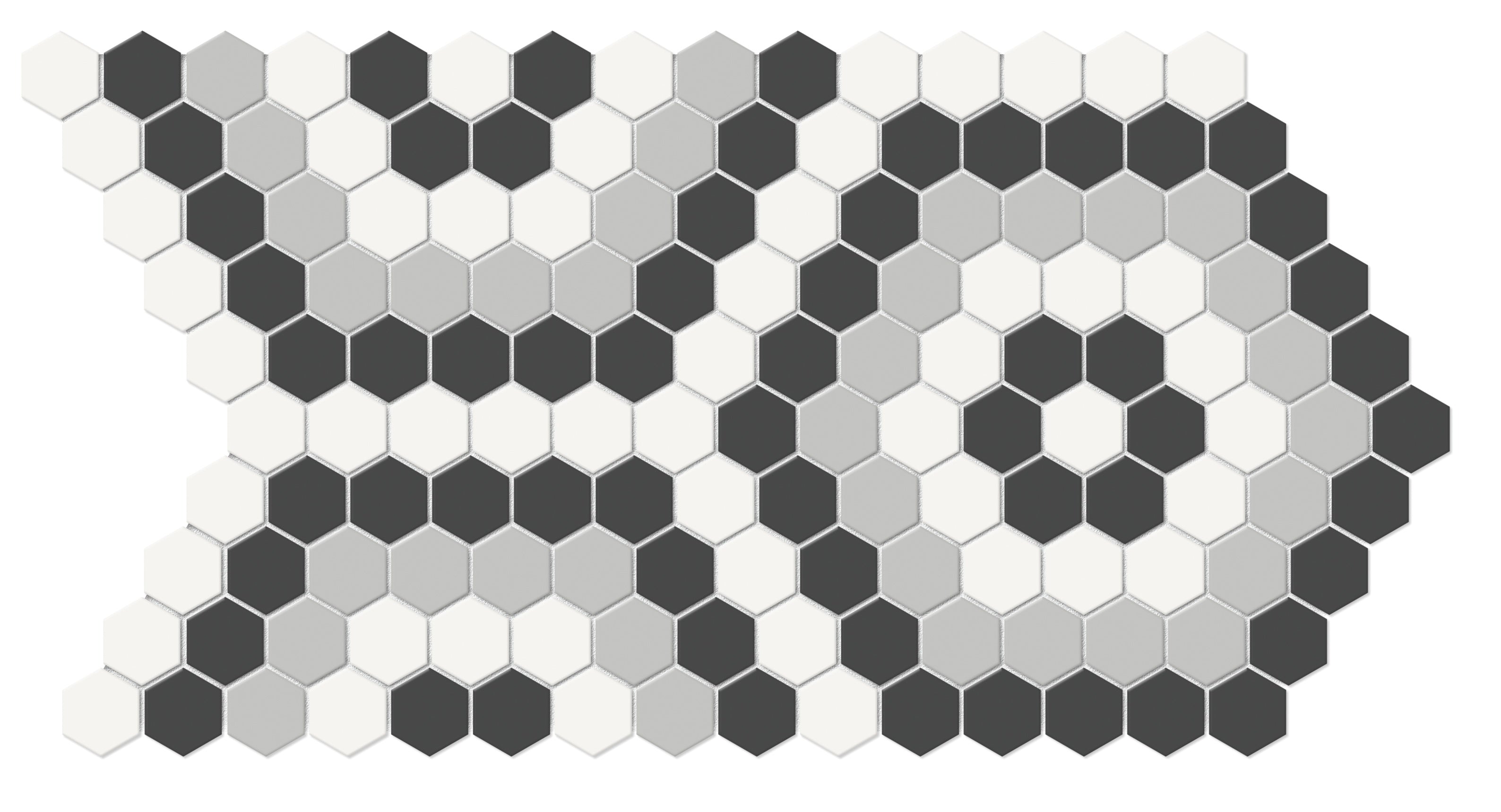 Soho Midnight Blend porcelain mosaic by Anatolia, top-down product view, 8 5/16"×14 7/16"×1/4" size. Malaysian porcelain for floors and walls.