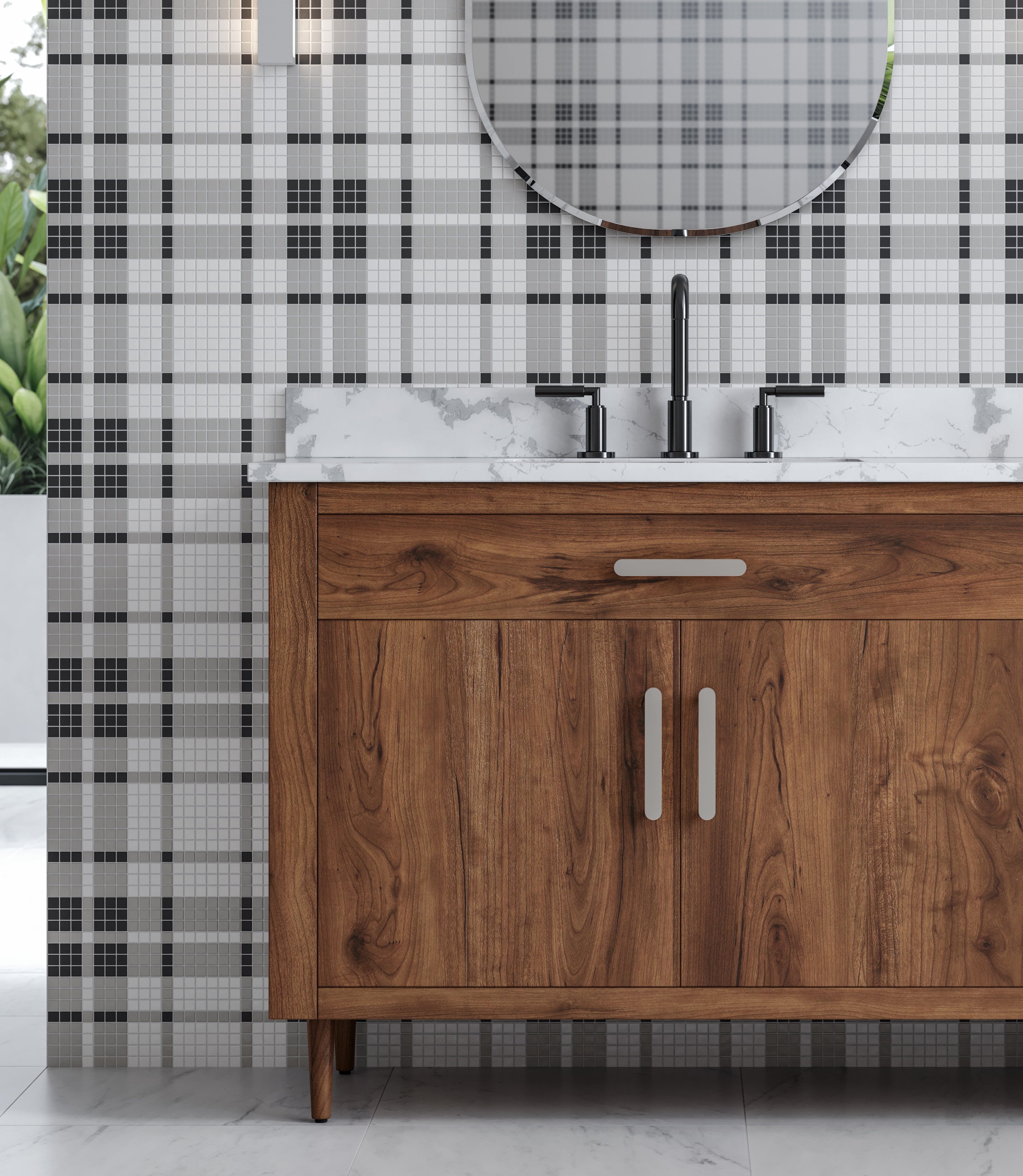 Soho Midnight Blend porcelain mosaic by Anatolia, top-down product view, 7 11/16"×13 5/16"×1/4" size. Malaysian porcelain for floors and walls.