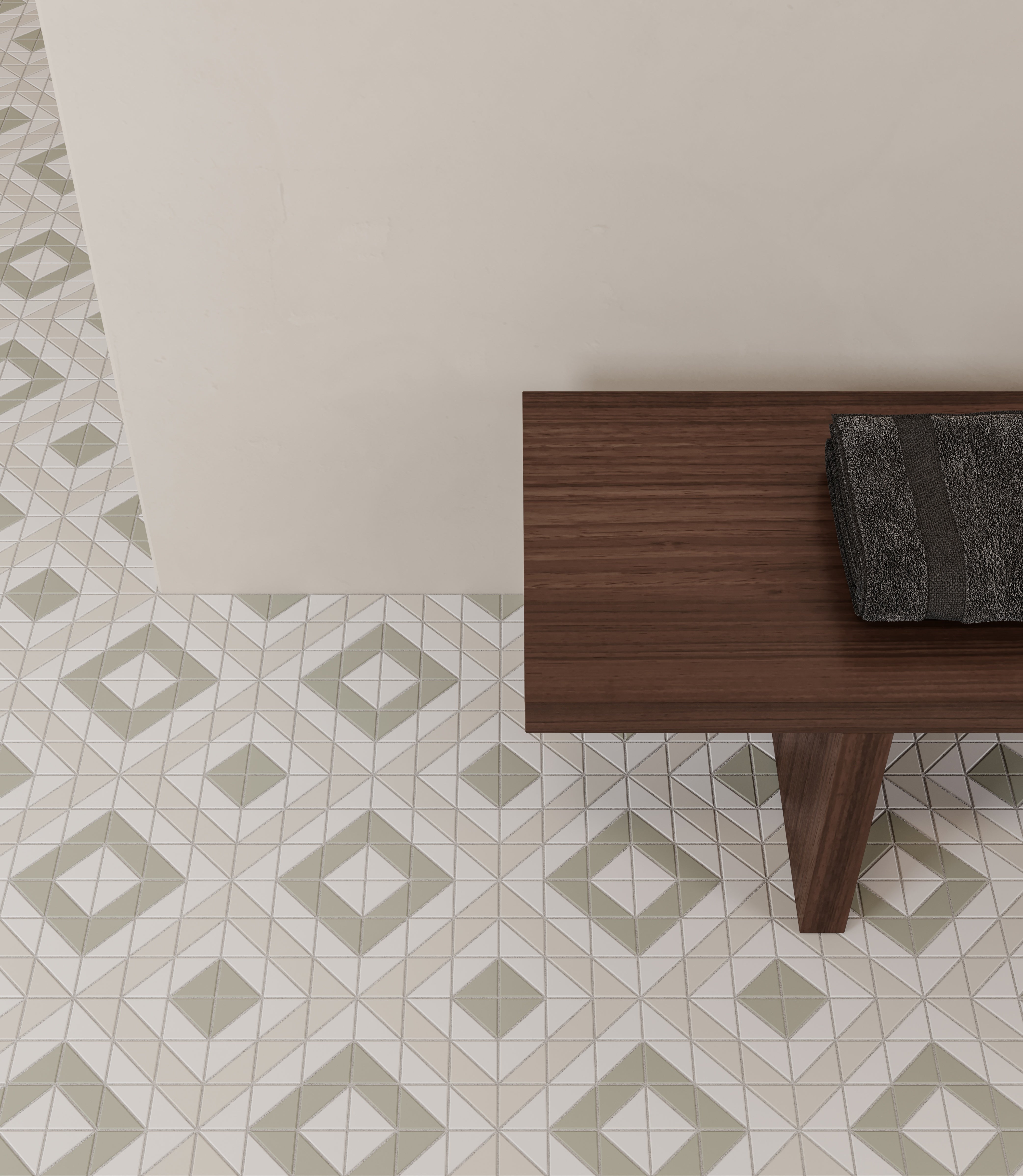 Soho Morning Blend porcelain mosaic by Anatolia, top-down product view, 7 11/16"×13 5/16"×1/4" size. Malaysian porcelain for floors and walls.