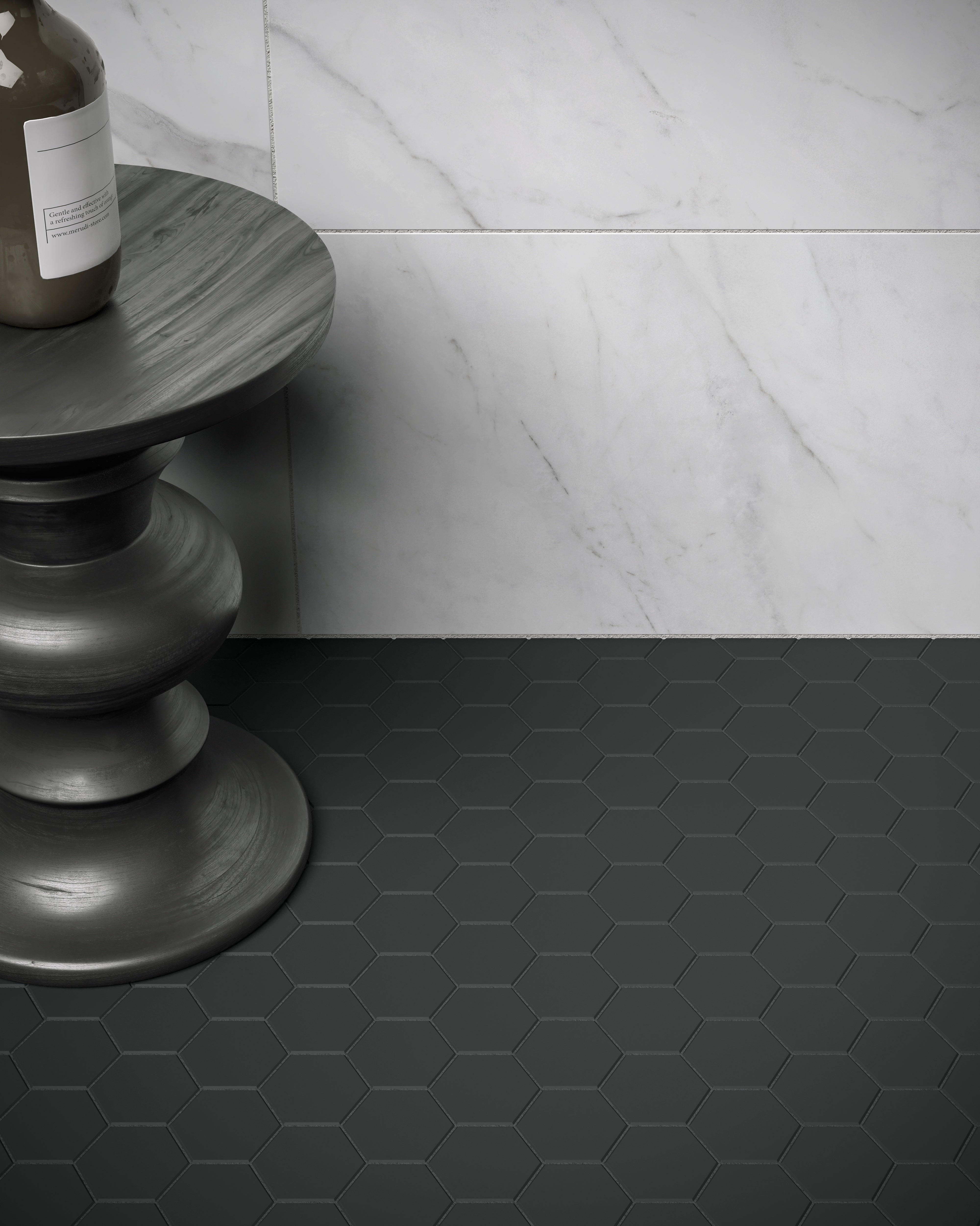 Soho Retro Black ceramic trim by Anatolia, lifestyle installation view 2, 2"×6"×9/32" size. Turkish ceramic for floors and walls.