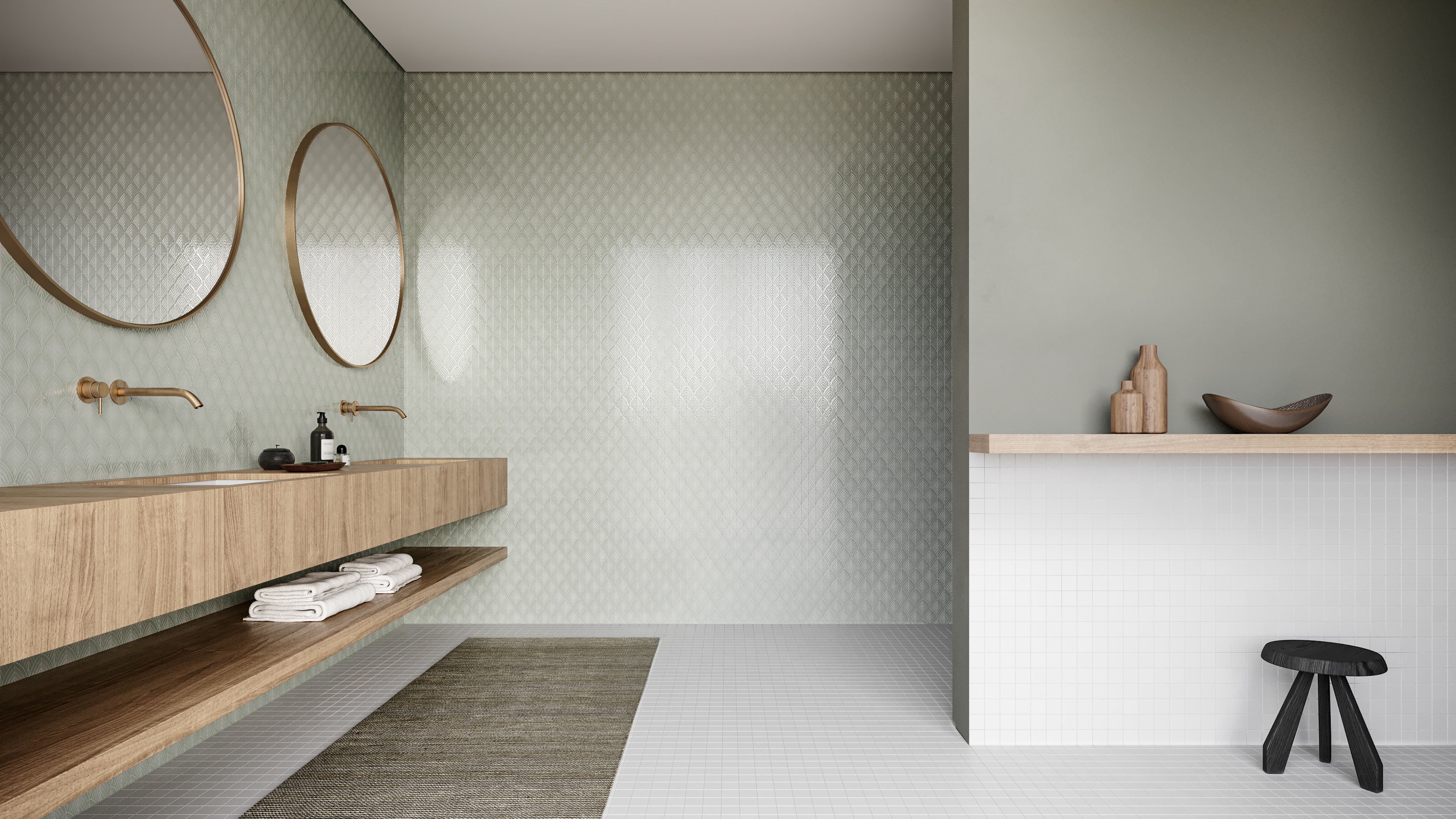 Soho Soft Sage ceramic trim by Anatolia, lifestyle installation view 2, 2"×6"×9/32" size. Turkish ceramic for floors and walls.