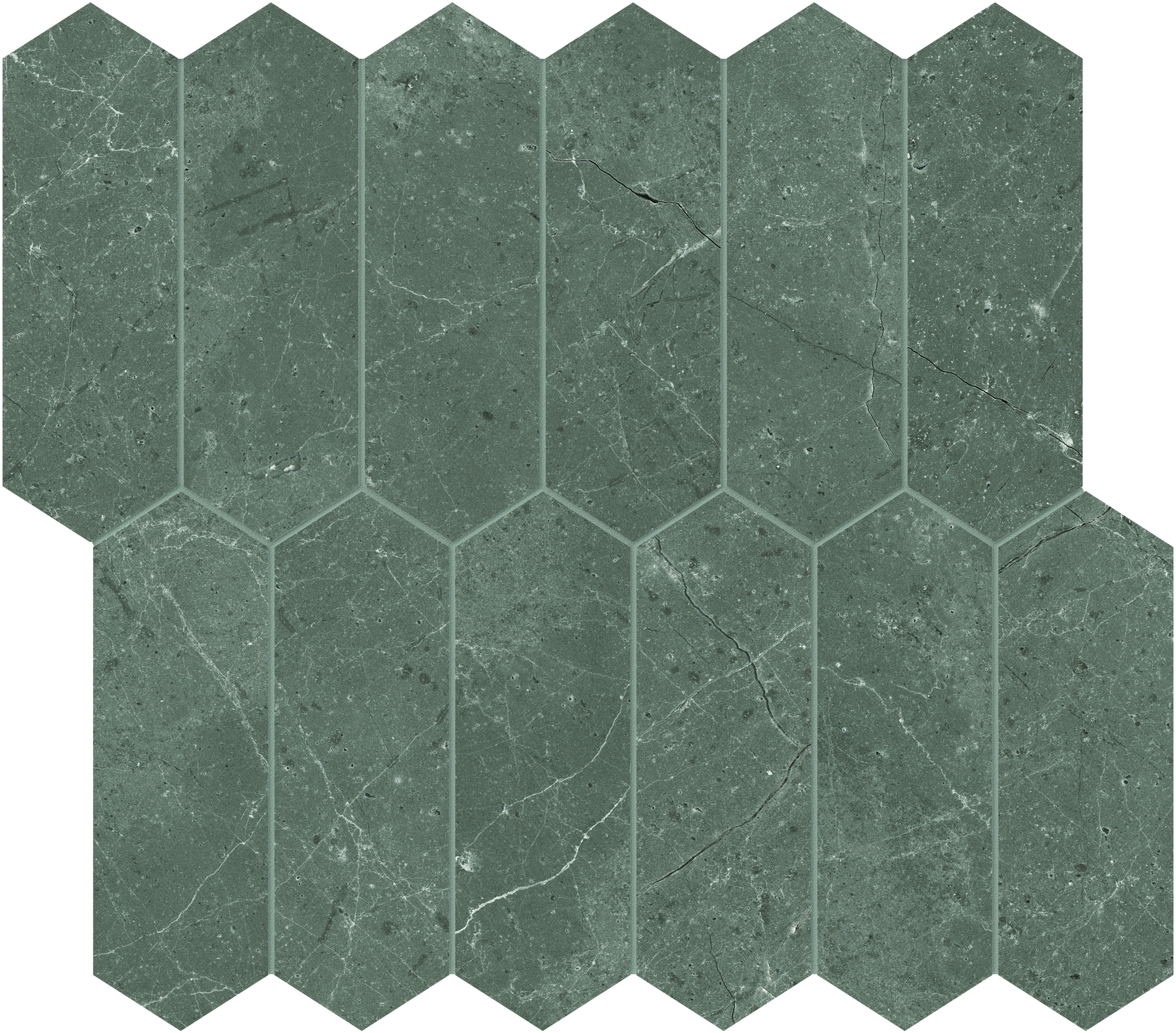 Stark Carbon marble mosaic by Anatolia, top-down product view, 10 5/8"×11 13/16"×3/8" size. Turkish marble for floors and walls.