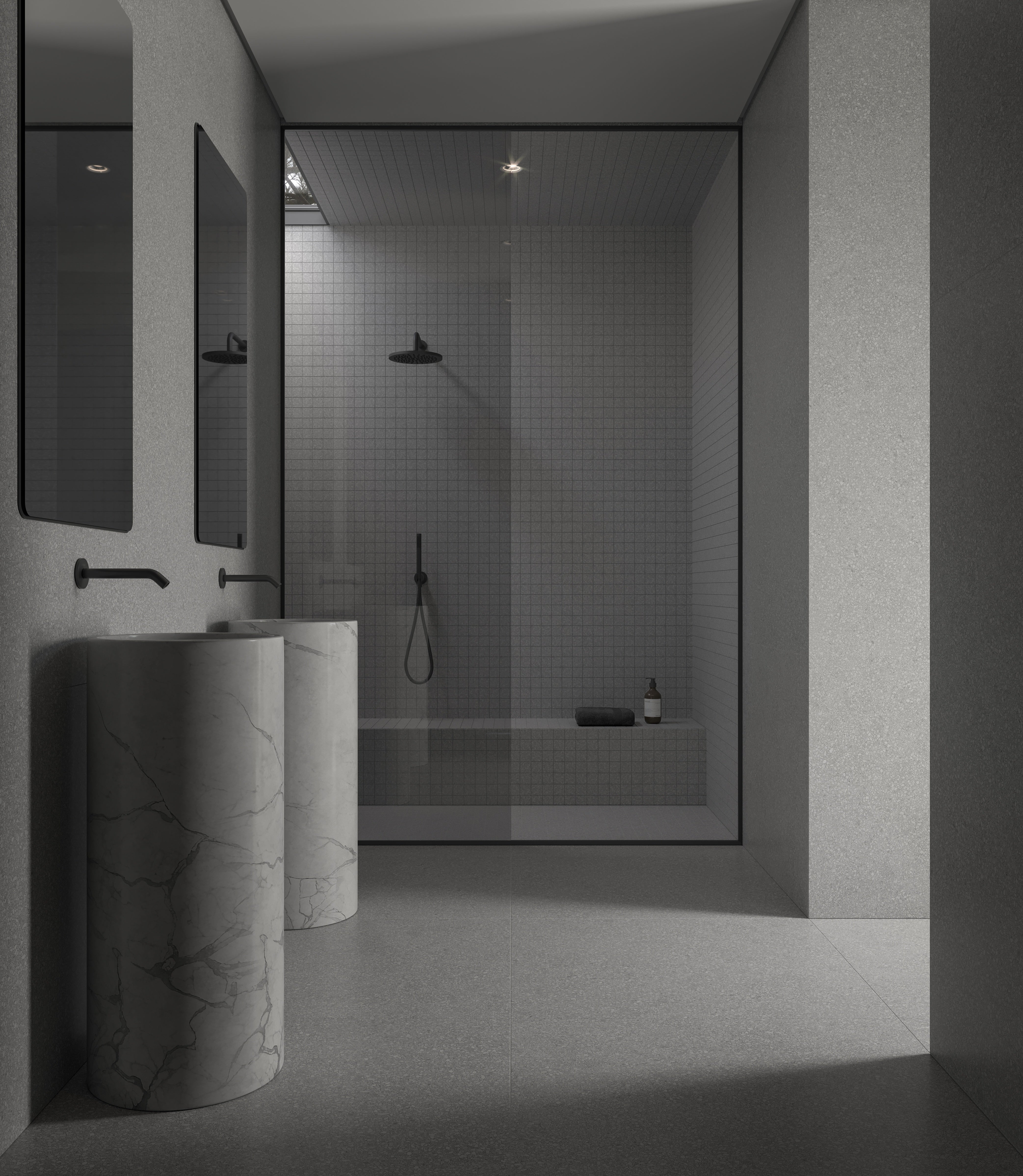 Station Ash porcelain trim by Anatolia, top-down product view, 3"×24"×11/32" size. Turkish porcelain for floors and walls.