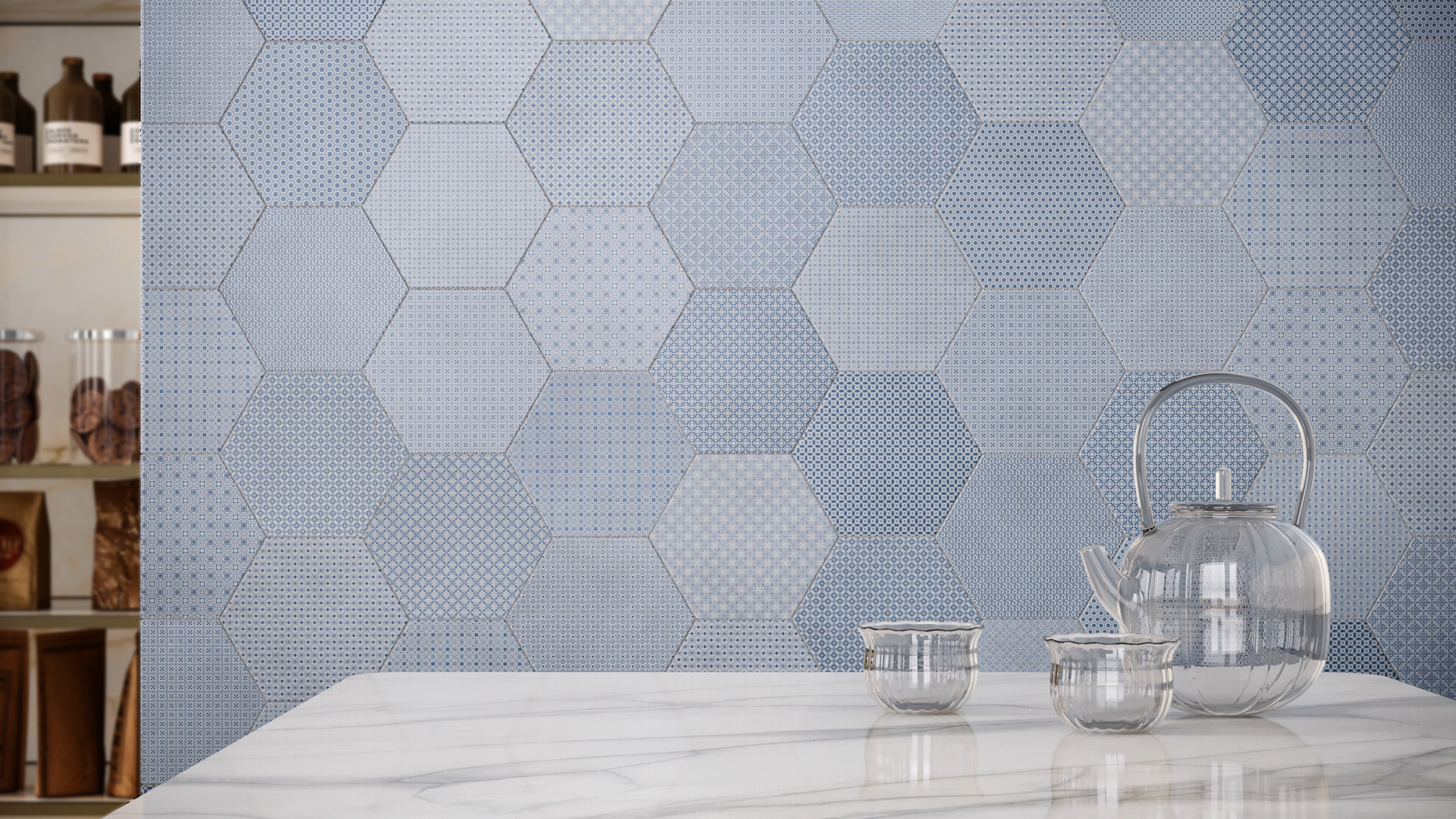 Tapestri Denim Blend porcelain field tile by Anatolia, top-down product view, 8 1/2"×9 27/32"×11/32" size. Turkish porcelain for floors and walls.