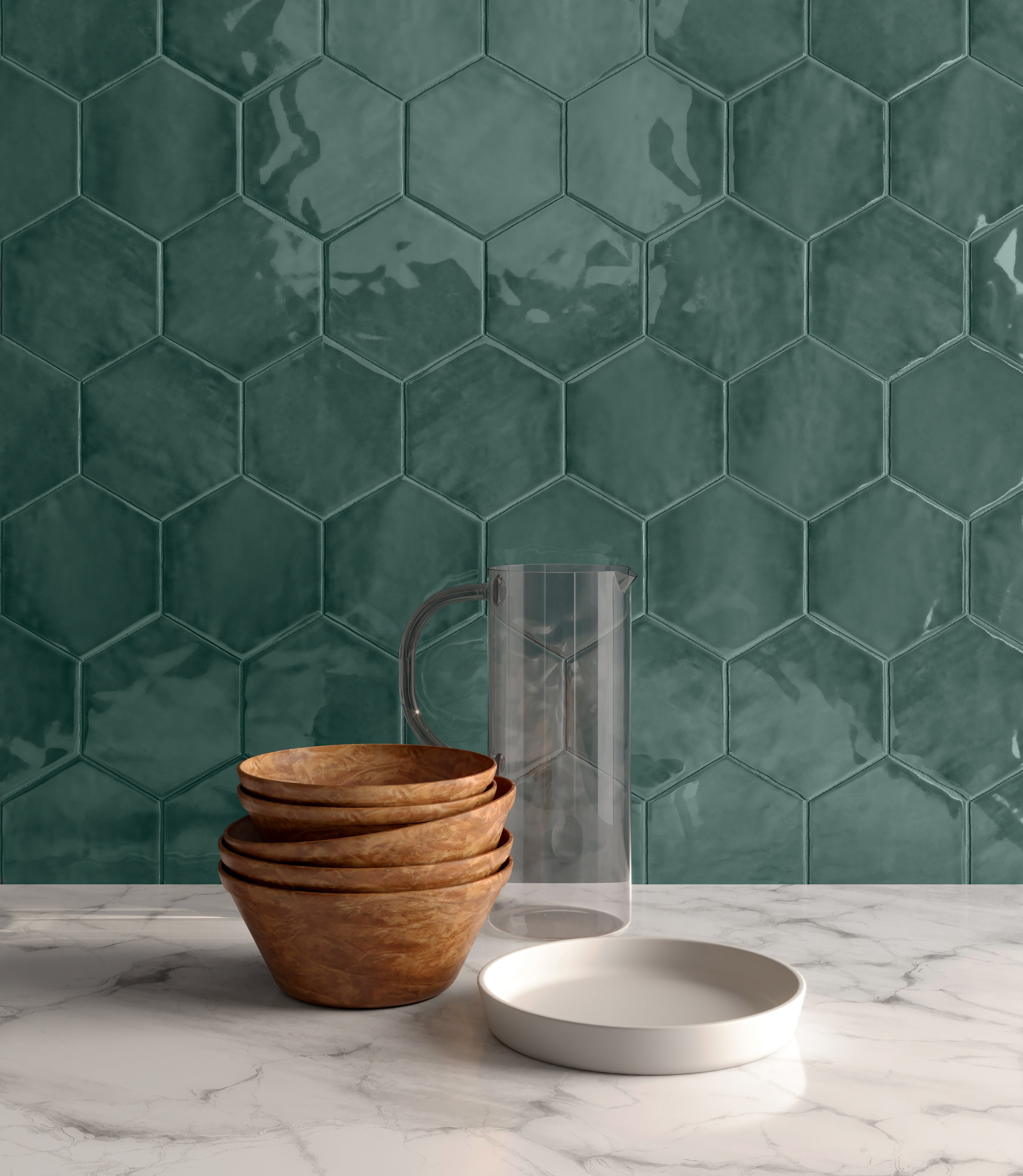 TERAMODA: Emerald Hexagon Hexagon Ceramic Field Tile (6"×6 13/16"×11/32" | Glossy | Pressed)