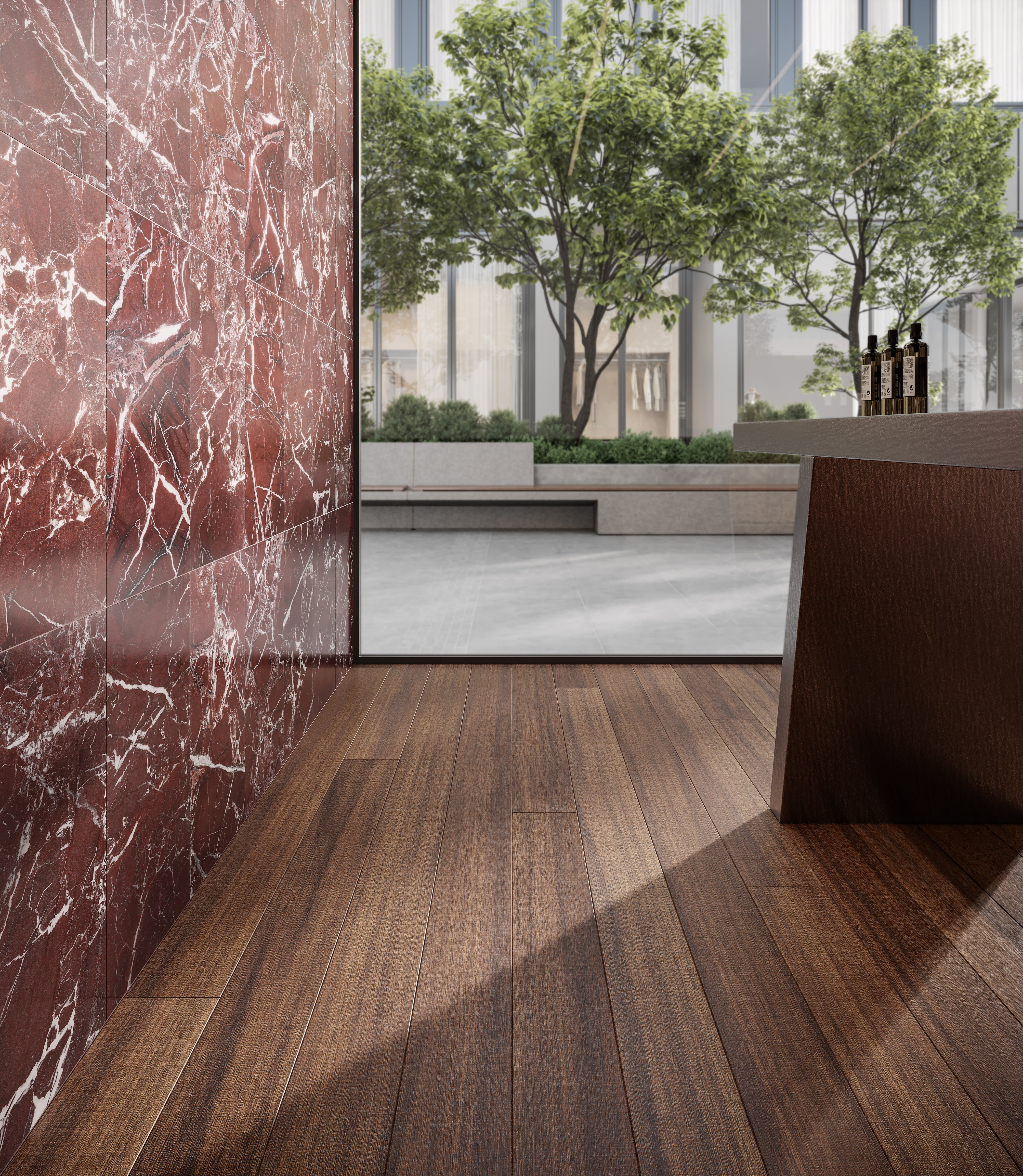 Tuscano Rosso marble trim by Anatolia, top-down product view, 1/2"×12"×5/8" size. Turkish marble for floors and walls.