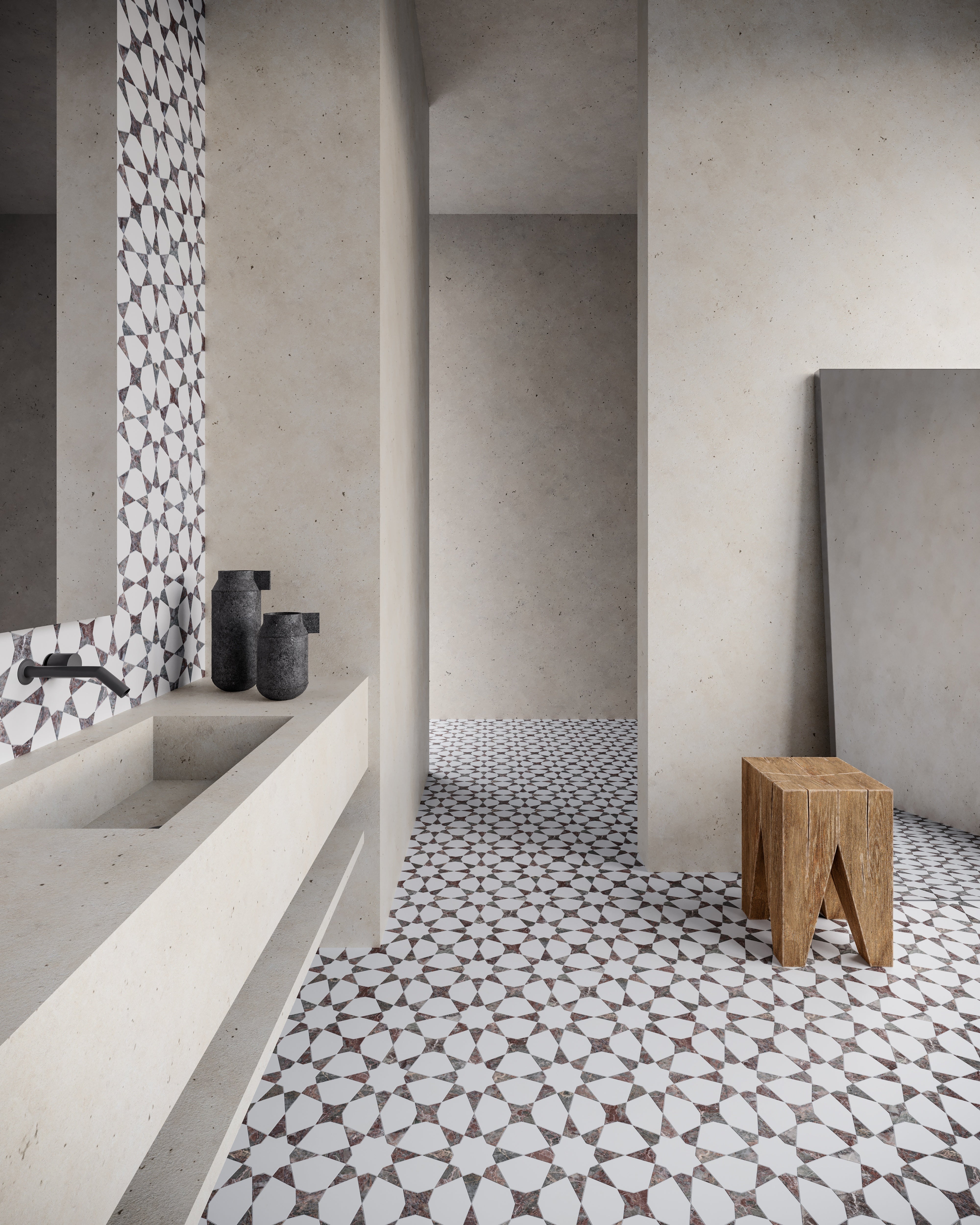 Utopio Burgundy mixed mosaic by Anatolia, top-down product view, 8 5/8"×8 21/32"×3/8" size. Turkish mixed for floors and walls.