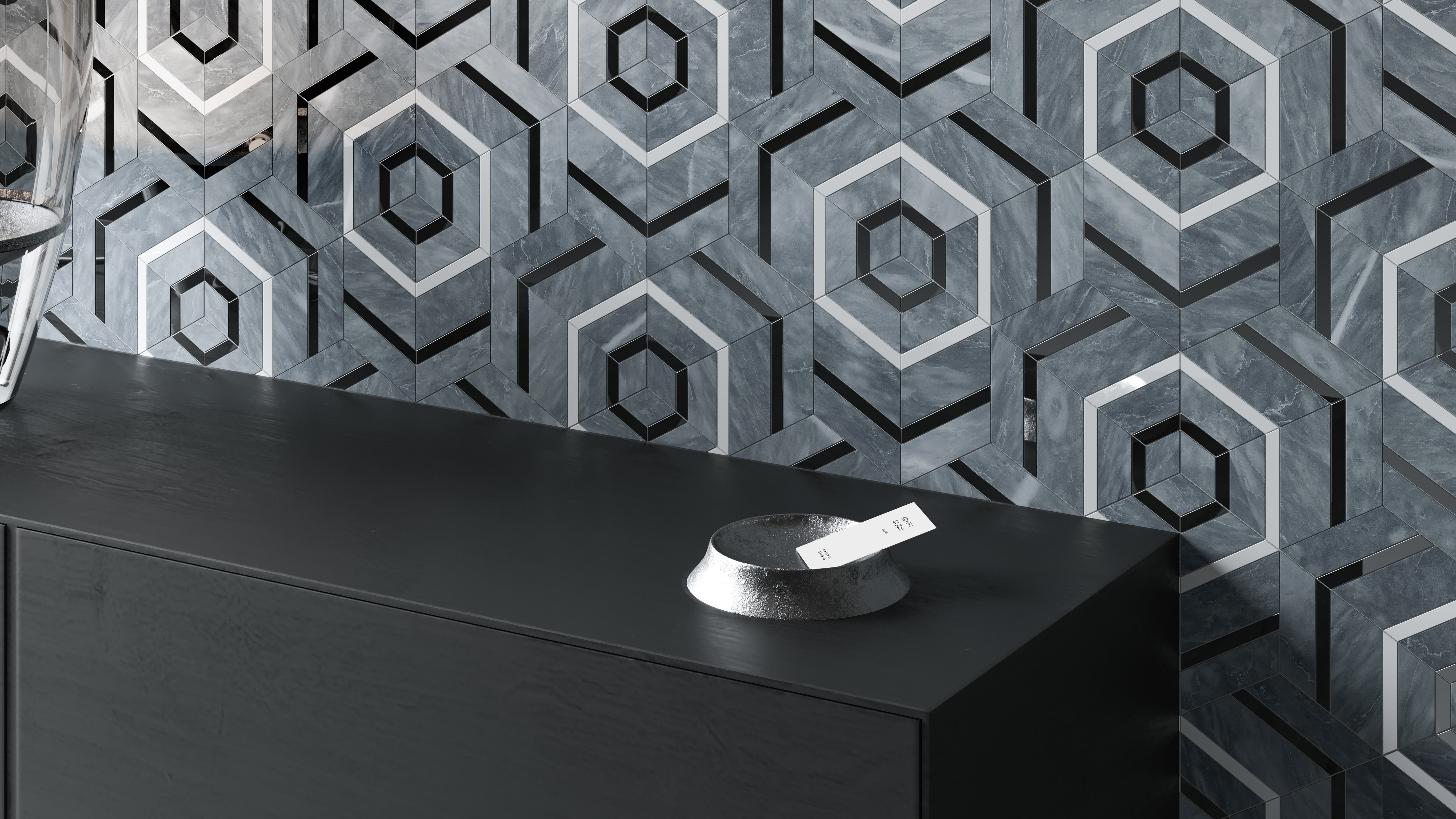 Utopio Monochromo mixed mosaic by Anatolia, top-down product view, 11 13/16"×14 3/4"×3/8" size. Turkish mixed for floors and walls.