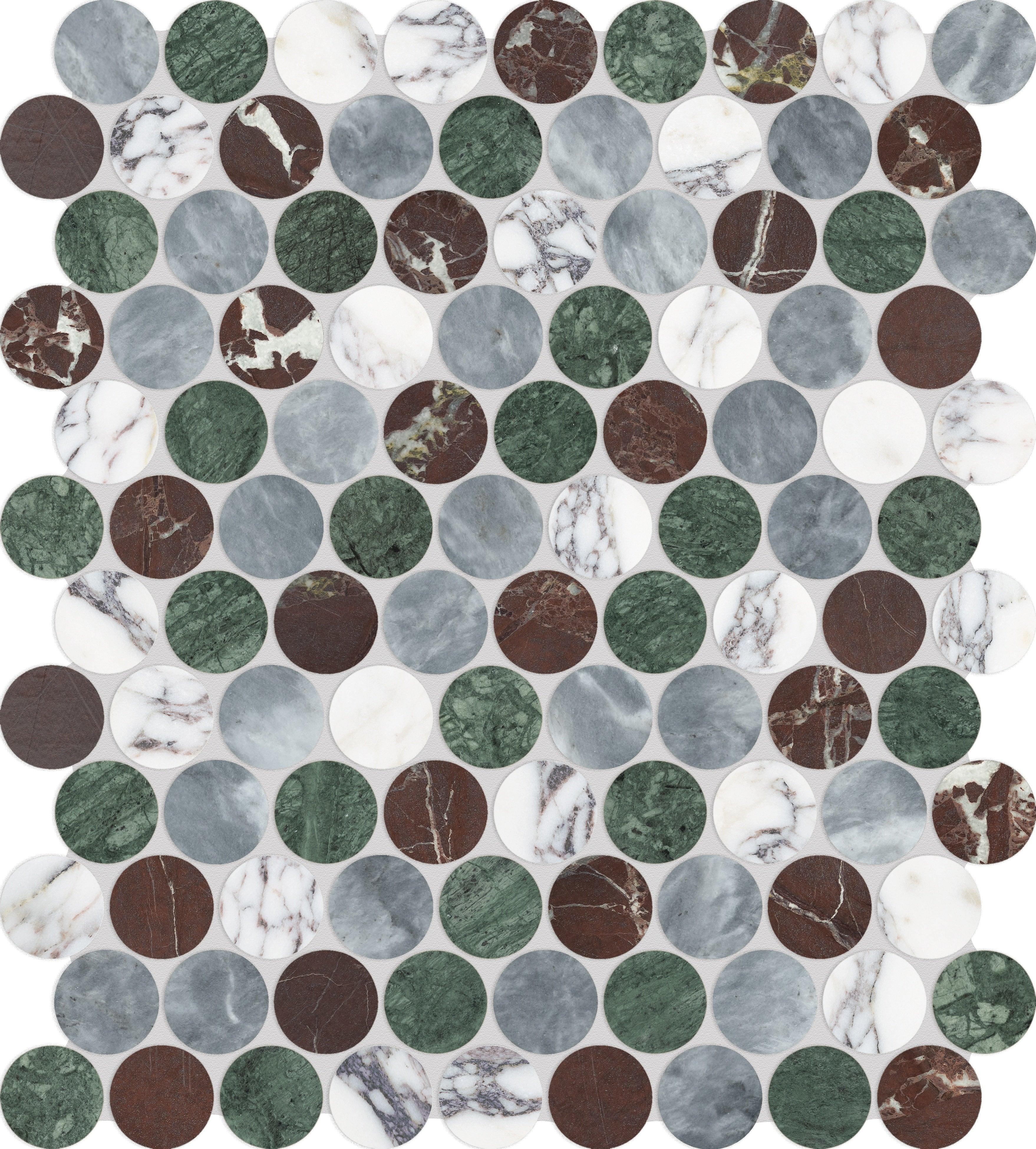 Utopio Tropic mixed mosaic by Anatolia, top-down product view, 11 3/32"×12 7/8"×3/8" size. Turkish mixed for floors and walls.