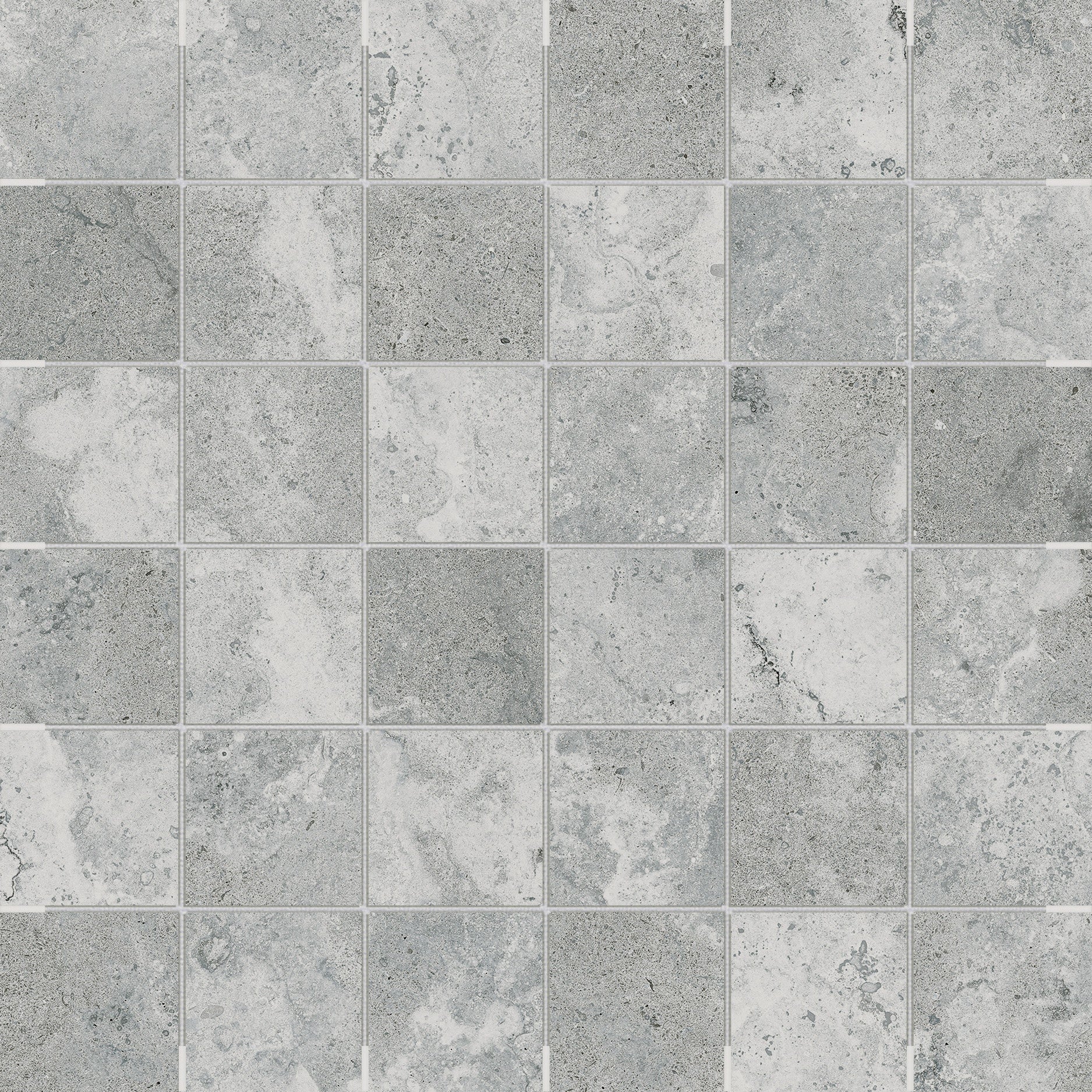 Veneta Argento porcelain mosaic by Anatolia, top-down product view, 11 25/32"×11 25/32"×11/32" size. Turkish porcelain for floors and walls.