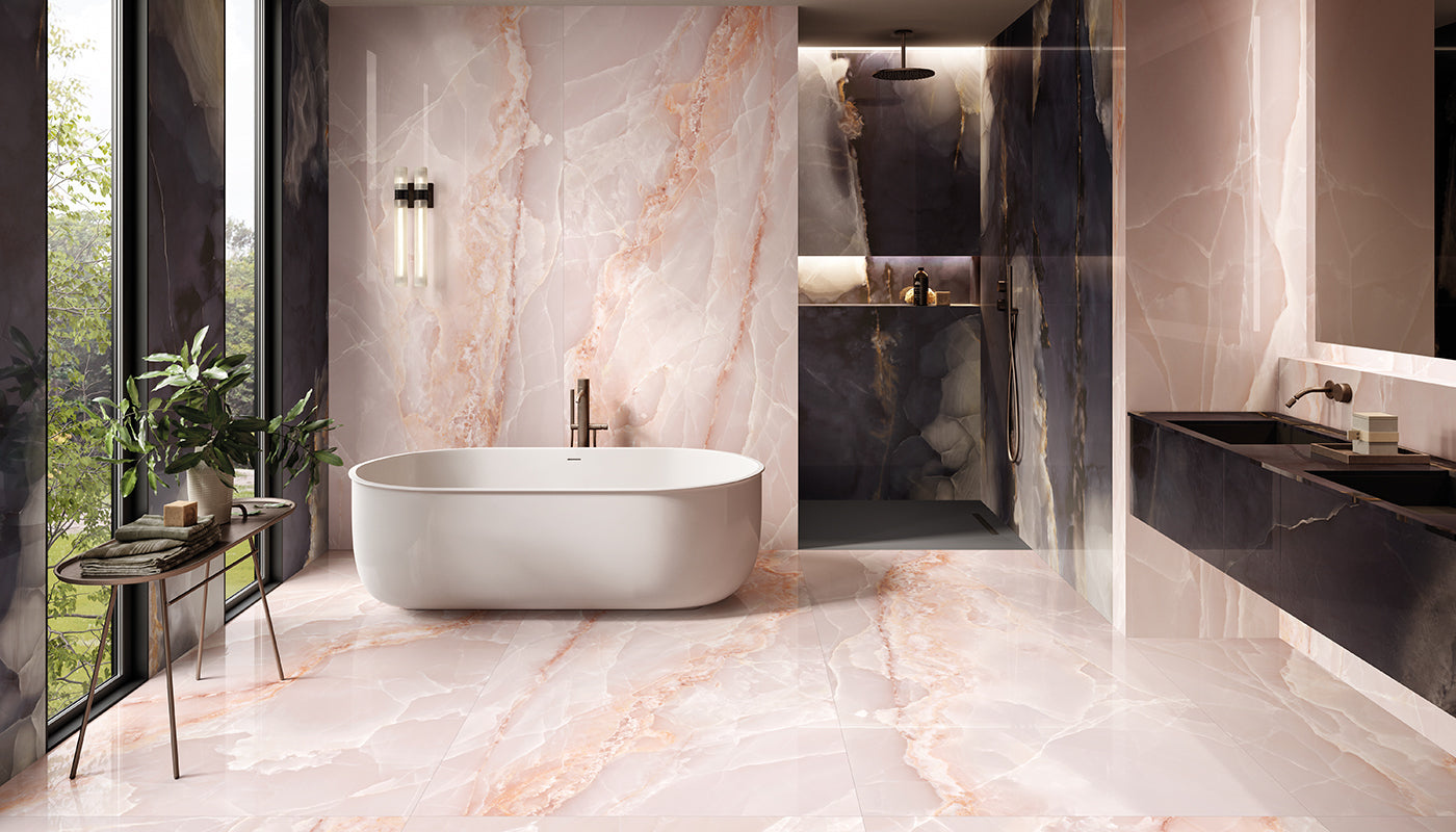 Tele di Marmo Onyx ONYX PINK porcelain mosaic tile by Emil, full lappato finish, 12"x12" size. Premium Italian porcelain for floors and walls.