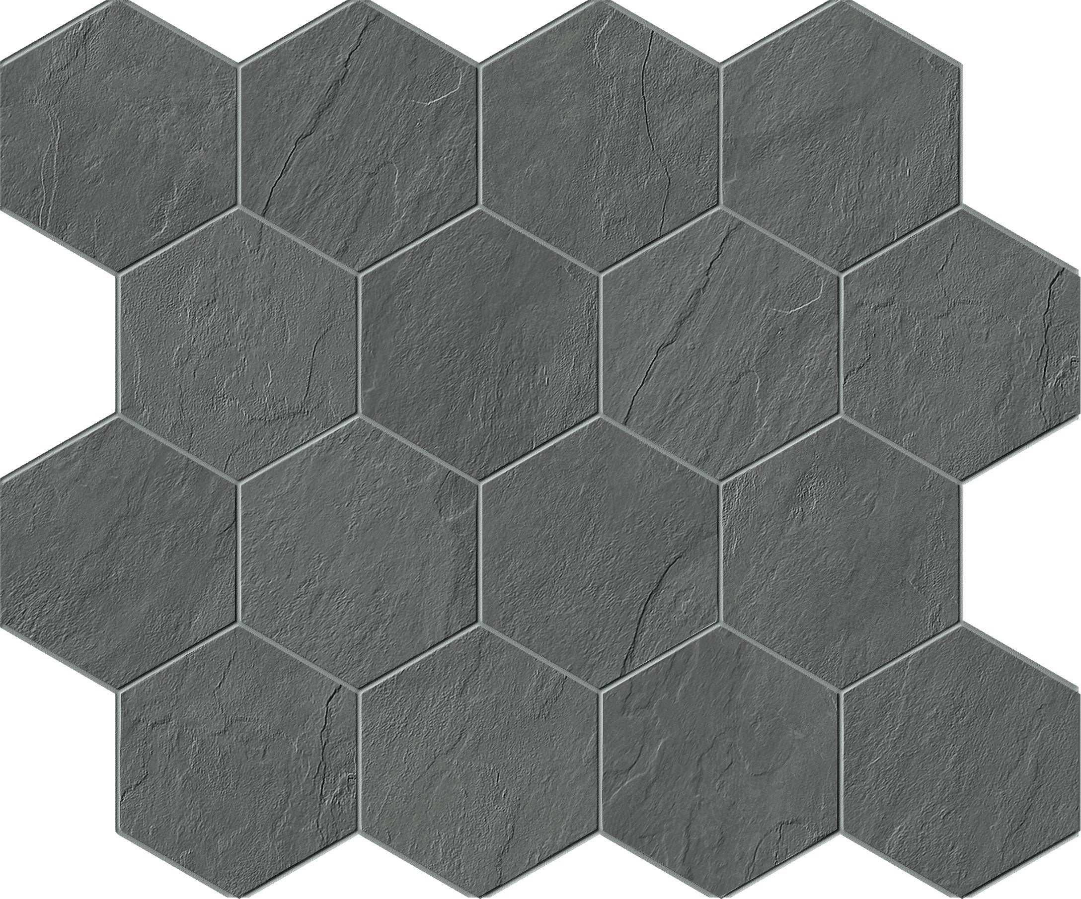Essence Montauk Dark porcelain mosaic, top-down product view, 12"×10"×11/32" size. Premium porcelain for floors and walls.