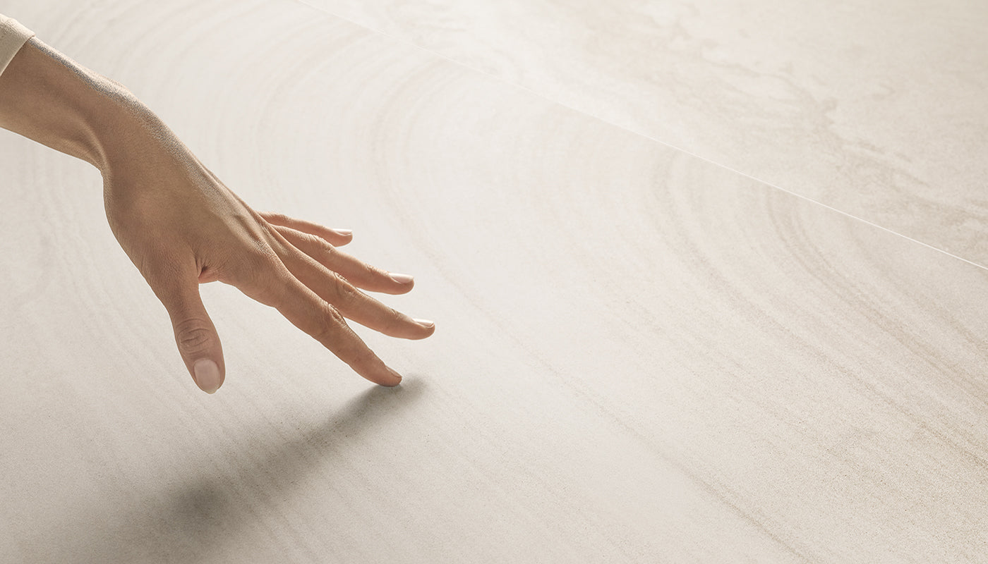 Varana Stone White porcelain field tile by Emil, silktech plus finish, 23 5/8"x47 1/4"x9-mm size. Premium Italian porcelain for floors and walls.