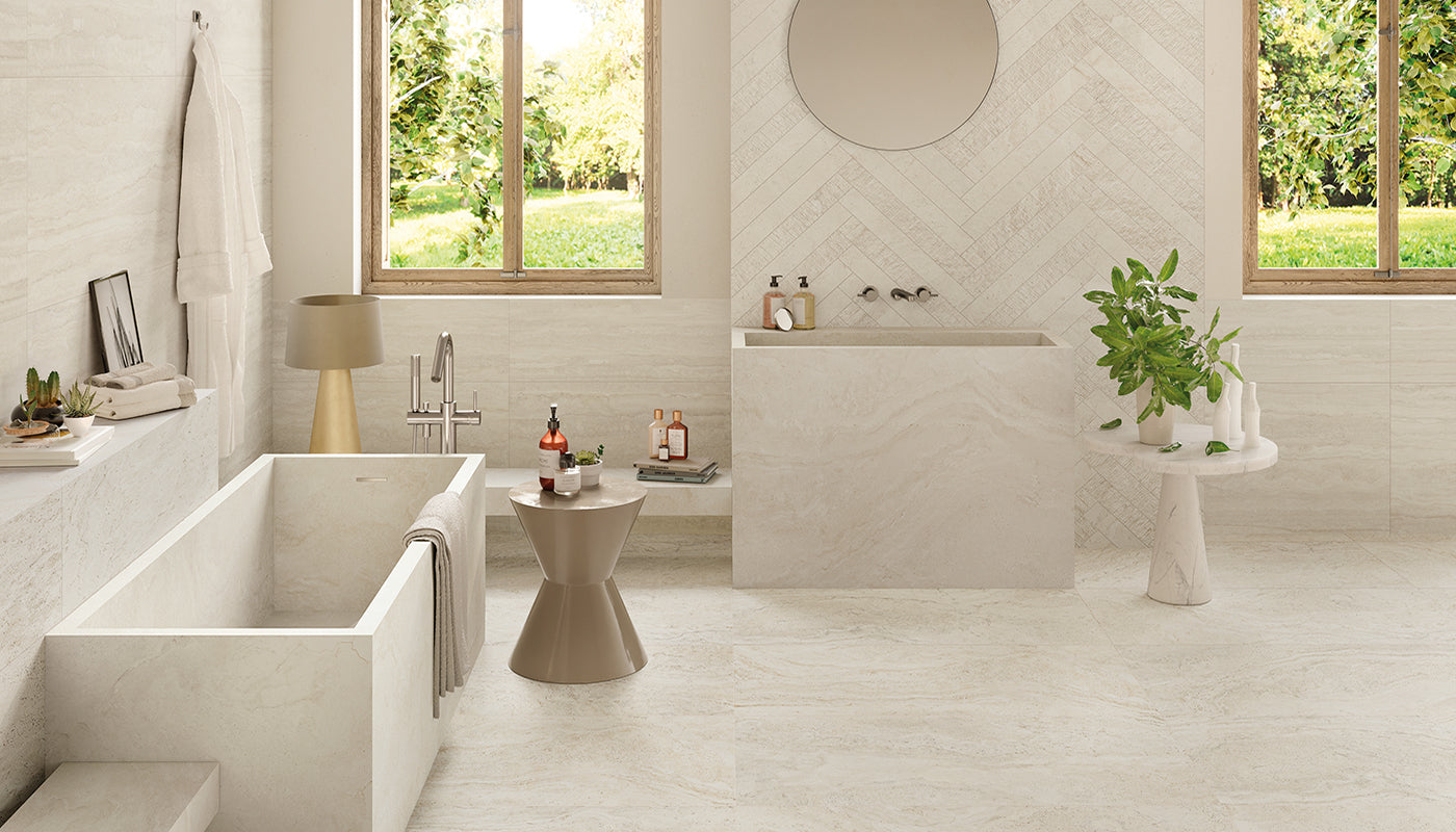 Unique Travertine White porcelain field tile by Emil, tecnica finish, 23 5/8"x47 1/4"x9.5-mm size. Premium Italian porcelain for floors and walls.